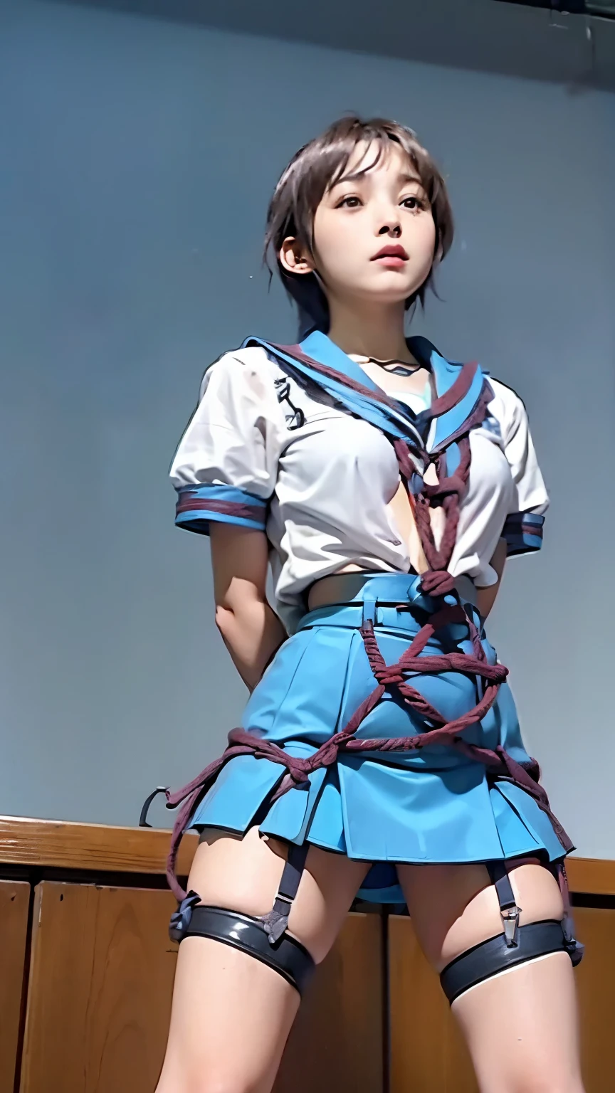 very cute, ************, glasses、(white school uniform short sleeves), Blue plaid pleated skirt, delicateで美しいお顔立ち, eye, and skin, dense black shiny hair, smile at the camera, whole body見せる, looking at the viewer, look away, whole body, 1 girl, Japanese, high school girl, light brown hair,  Girly breasts, beautiful face, 緻密で美しいeye, beautiful ears, beautiful body, beautiful breasts, 美しいthighs, beautiful feet, (おbelly buttonが少し見えています:1.1), (cute school uniforms(cute school uniforms:1.5), white skin), high heels, animal collar, kneel down, spread your legs, ((( rope bondage,))) (brown rope), shibari:1.6, rope mark, ((turn your arms behind your back:1.4), chest bondage:1.5, arm binding:1.5, leg bondage:1.5, Crotch rope), wet crotch:1.5, My feet get wet,((tied up:1.5))、(I&#39;Iは窓もなく、I&#39;m sitting alone in a dark prison with only candlelight.。.)、Japanese woman detained alone、Girl with fair skin and glossy black hair、(The body is tied with a thin rope:1.8)、(hands tied behind the back:1.8)、(anxious and sad expression:1.5)、Cute face like a Japanese idol、delicate, medium sized breasts、(Skin that is wet and shiny with sweat:1.3)、((1 screen))、8k、RAW shooting、Top quality photo masterpiece、nice realistic photos、(BDSM:1.6)、(rope bdsm:1.8)、(Wearing lingerie torn from torture:1.6) (no real panties:1.2), written boundary depth, (view from below:1.3),
 flat chest, High resolution, wallpaper, 8k, best lightでg, highly detailed illustrations, , Realistic open legs、((Really no panties)), 股の縫いeye, dynamic pose, dynamic angle, thighs thighs thighs, short hair, thighs thighs thighs,, belly button, thighs, 白いthighs, cleavage, ((spread your legs:1.4)), Please sit down,delicateな手