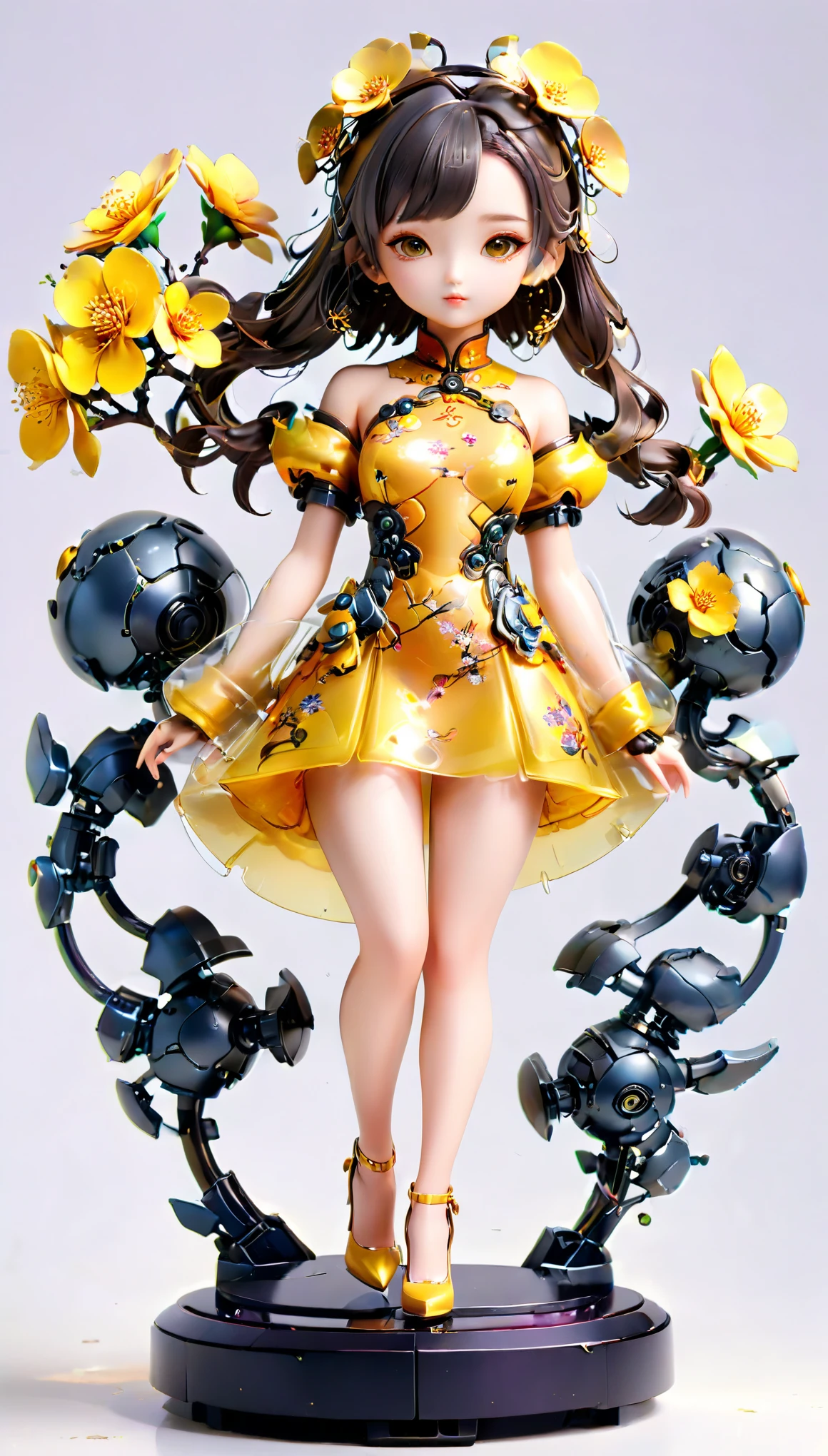 (Blind Box Spielzeug Stil:1.2),full body, solo,white background,(The future of robotic female robots,Beautiful girl face ,Stand on a round base,yellow Plum Transparency Blossom dress, high heels),(Oriental elements, Chinese color,Very colorful),3D