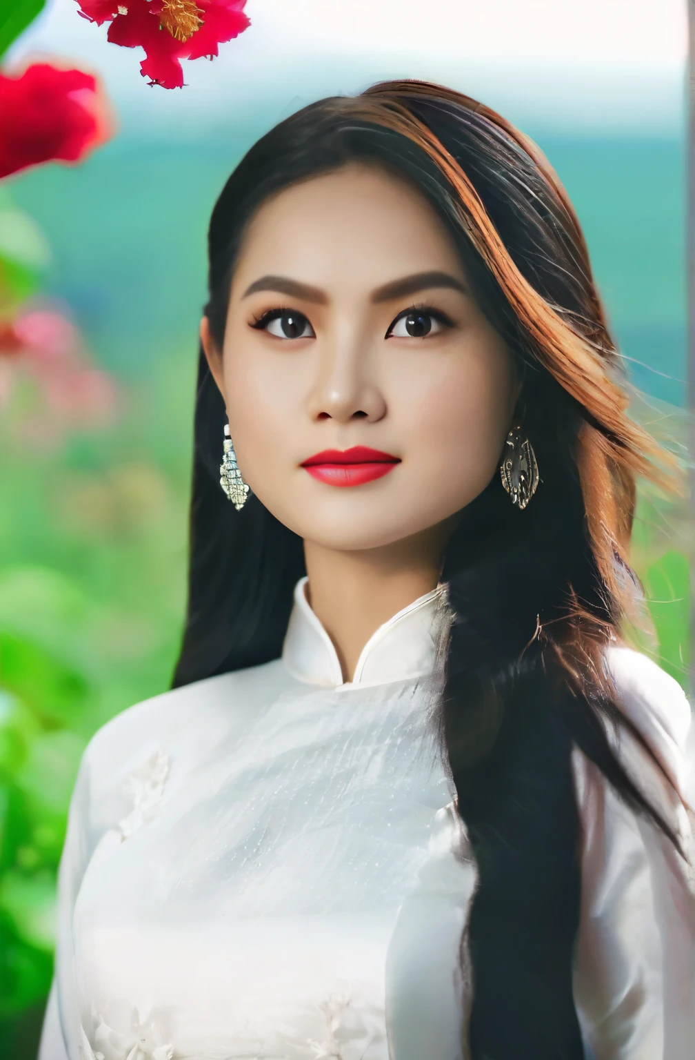 (Masterpiece, best quality, ultra realistic,32k, RAW photo, detail skin, 8k uhd, dslr, high quality, film grain:1.5),1girl, white ao dai, pants, portrait, long hair, looking at viewer, smile, black hair, long sleeves, dress, jewelry, standing, flower, earrings, outdoors, white dress, blurry, black eyes, blurry background, realistic, cinematic