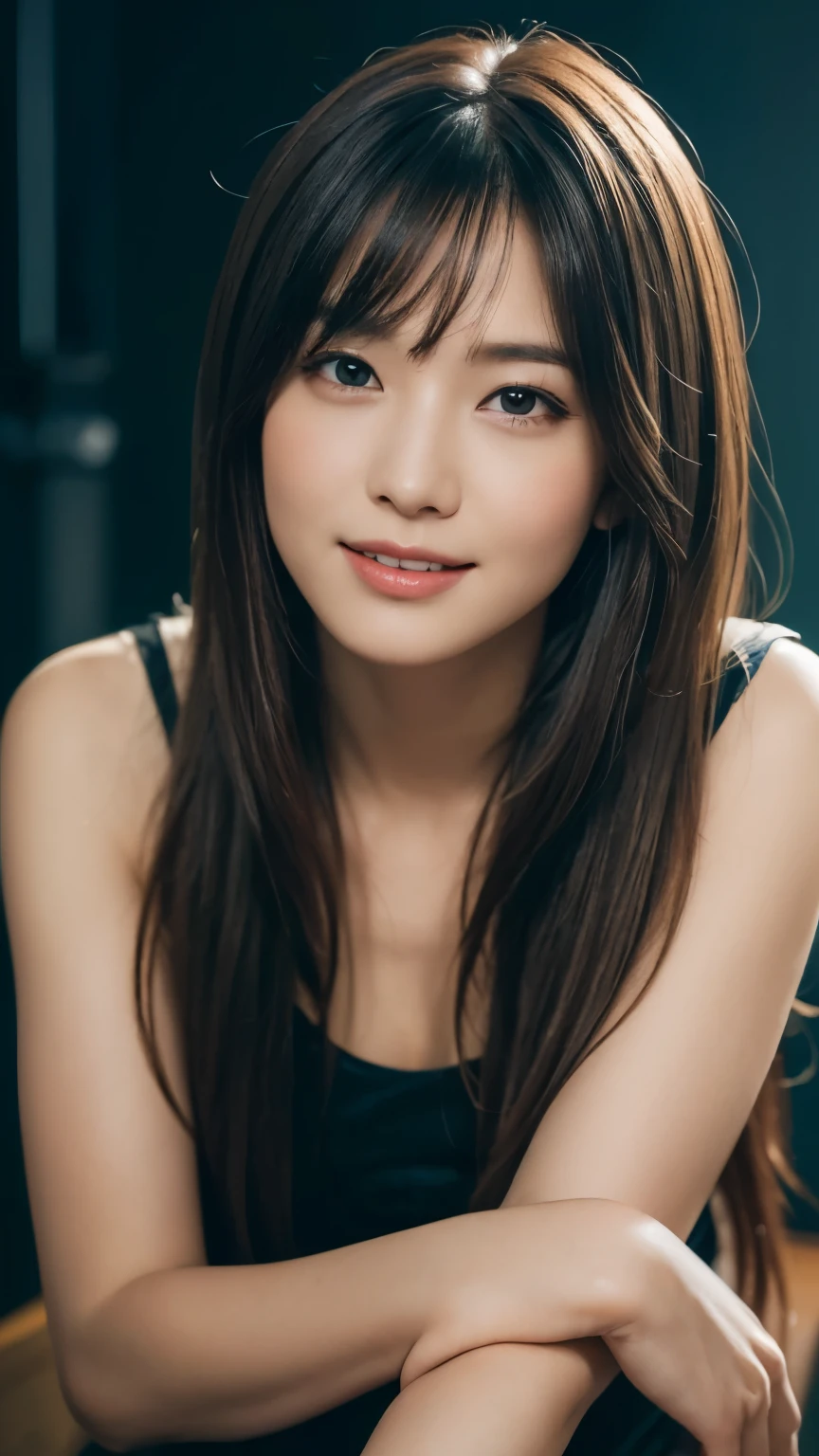 (surreal), (figure), (High resolution), (8k), (very detailed), (Best figure), (beautiful and detailed eyes), (highest quality), (super detailed), (masterpiece), (wallpaper), (detailed face), alone, one girl, viewer, small details, detailed face, in the dark, deep shadow, discreet key, Pure erotic face ace_v1, smile, long hair, black shawl straight hair, 46 point diagonal bangs, whole body, crossed legs