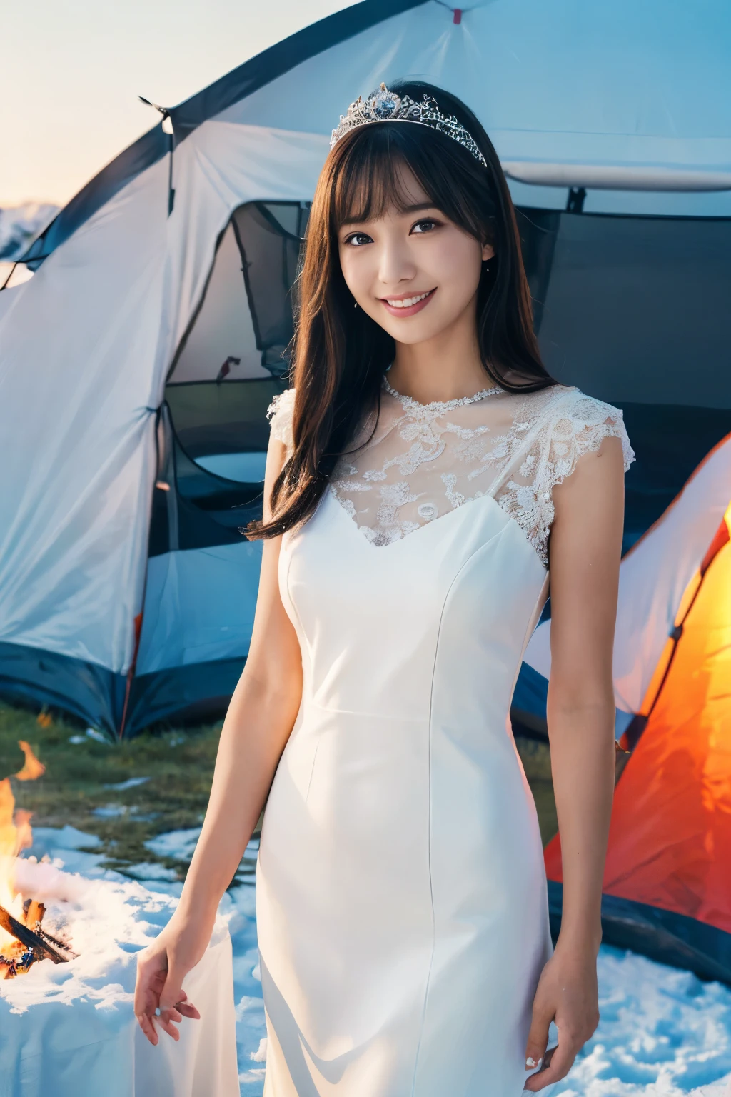 ((table top:1.4, highest quality)), (realistic pictures:1.4),
((1 girl)), (Super beautiful woman), (Princess),
(超High resolution:1.2), very delicate and beautiful, wonderful, Highly detailed CG Unity 8k wallpaper, Super detailed, High resolution,
soft light, beautiful detailed girl, highly detailed eyes and face, beautifully detailed nose, beautiful and detailed eyes,
(wear a neat dress:1.3),
cinematic lighting, perfect anatomy, slender body, , (parted bangs),
(camping in the snow:1.3), (Snow field as far as the eye can see), (Stand in front of the tent:1.3), (bonfire),
cowboy shot, looking at the viewer, smile