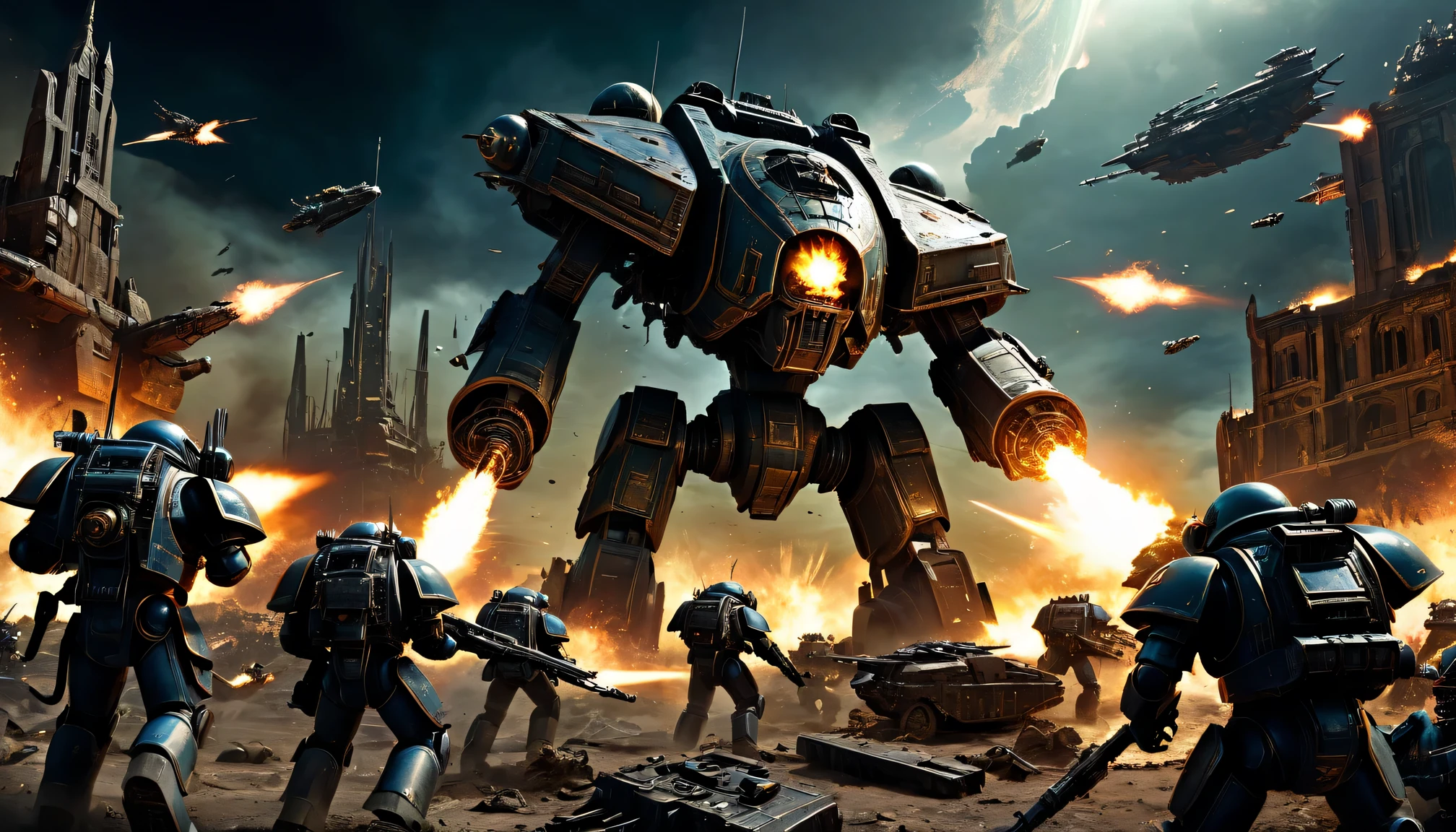 (best quality,Super detailed),Warhammer 40k,The final battle,Gloomy atmosphere,Heroic warriors,huge armies,overwhelming firepower,dystopian cityscape,Explosion and chaos,weird lights,Metal armor and weapons,cybernetic enhancement,alien creature,Detailed battle scars,A desperate struggle,Doomsday setting,Powerful war machine,Bleak atmosphere,epic conflicts,interstellar war,iconic symbol,Devilish existence,war-torn scorched earth,Energy weapons and projectiles,Gorgeous banners and badges,Heroic sacrifice,command leader,battle adrenaline,threatening war cry,majestic battleship,glorious victory,doomed fate,Stunning special effects,devastating artillery,eternal conflict,Immersive battlefield,Seamless combat between factions