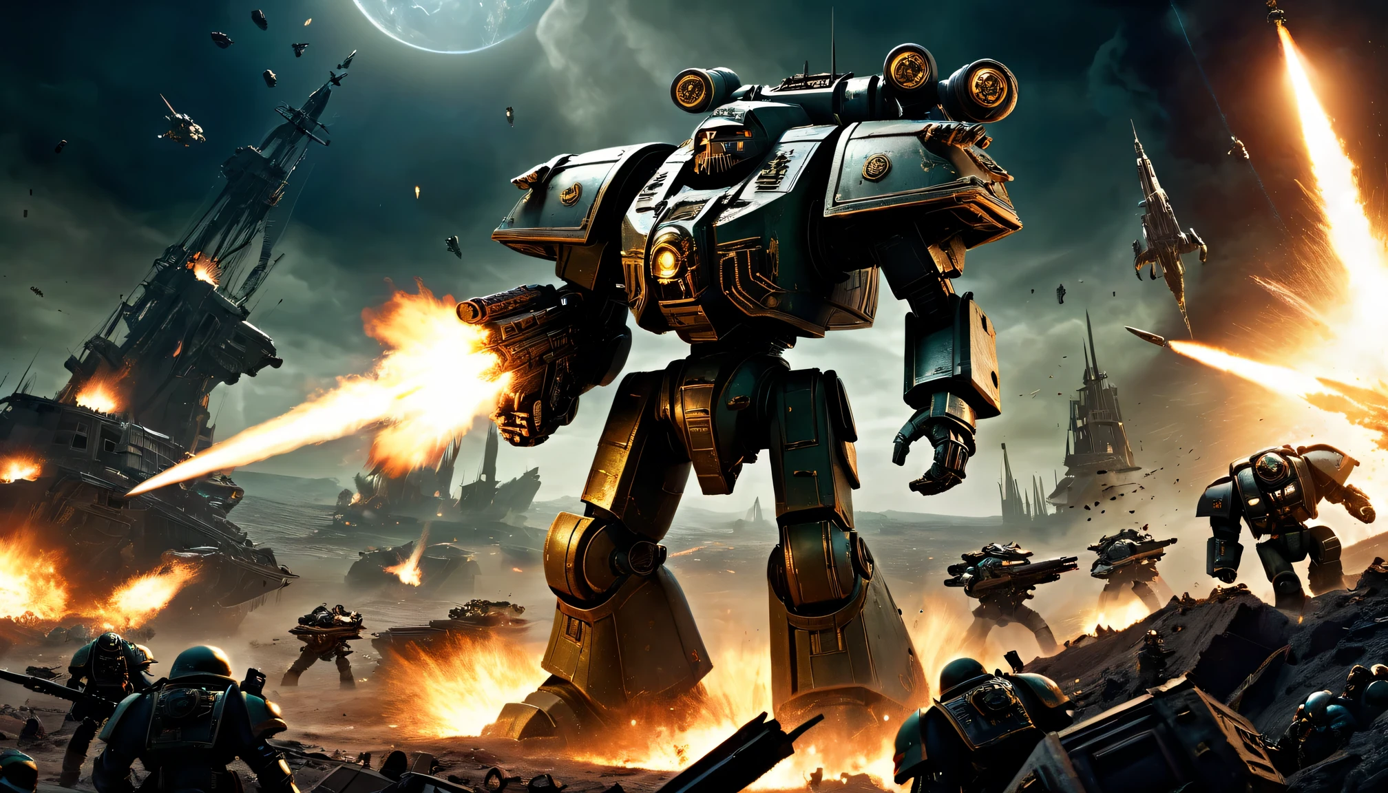 (best quality,Super detailed),Warhammer 40k,The final battle,Gloomy atmosphere,Heroic warriors,huge armies,overwhelming firepower,dystopian cityscape,Explosion and chaos,weird lights,Metal armor and weapons,cybernetic enhancement,alien creature,Detailed battle scars,A desperate struggle,Doomsday setting,Powerful war machine,Bleak atmosphere,epic conflicts,interstellar war,iconic symbol,Devilish existence,war-torn scorched earth,Energy weapons and projectiles,Gorgeous banners and badges,Heroic sacrifice,command leader,battle adrenaline,threatening war cry,majestic battleship,glorious victory,doomed fate,Stunning special effects,devastating artillery,eternal conflict,Immersive battlefield,Seamless combat between factions