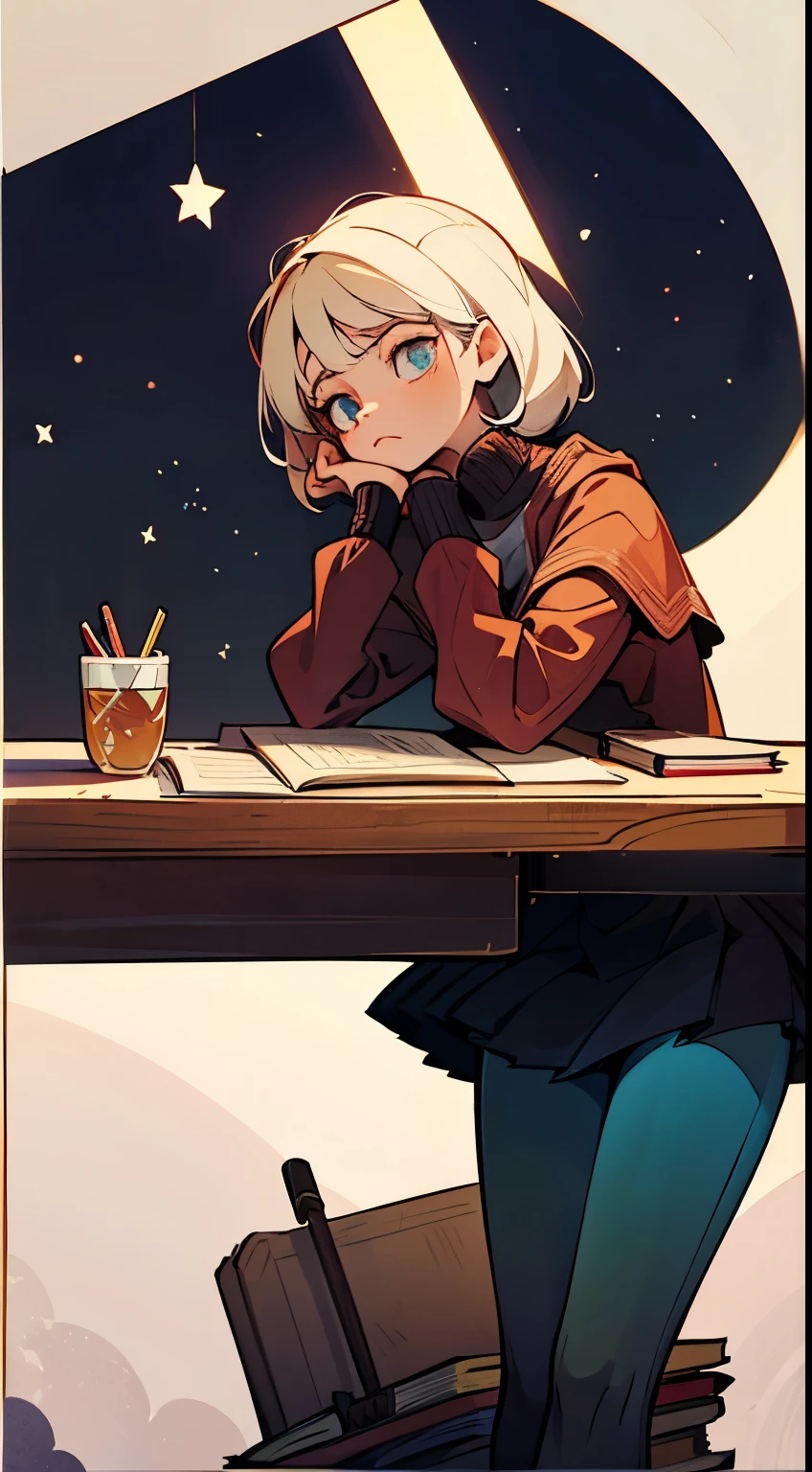 A was sitting at a table full of stationery and books.. She tilted her head in thought and confusion., her head is up, her gaze looks up, Observe from a parallel perspective.