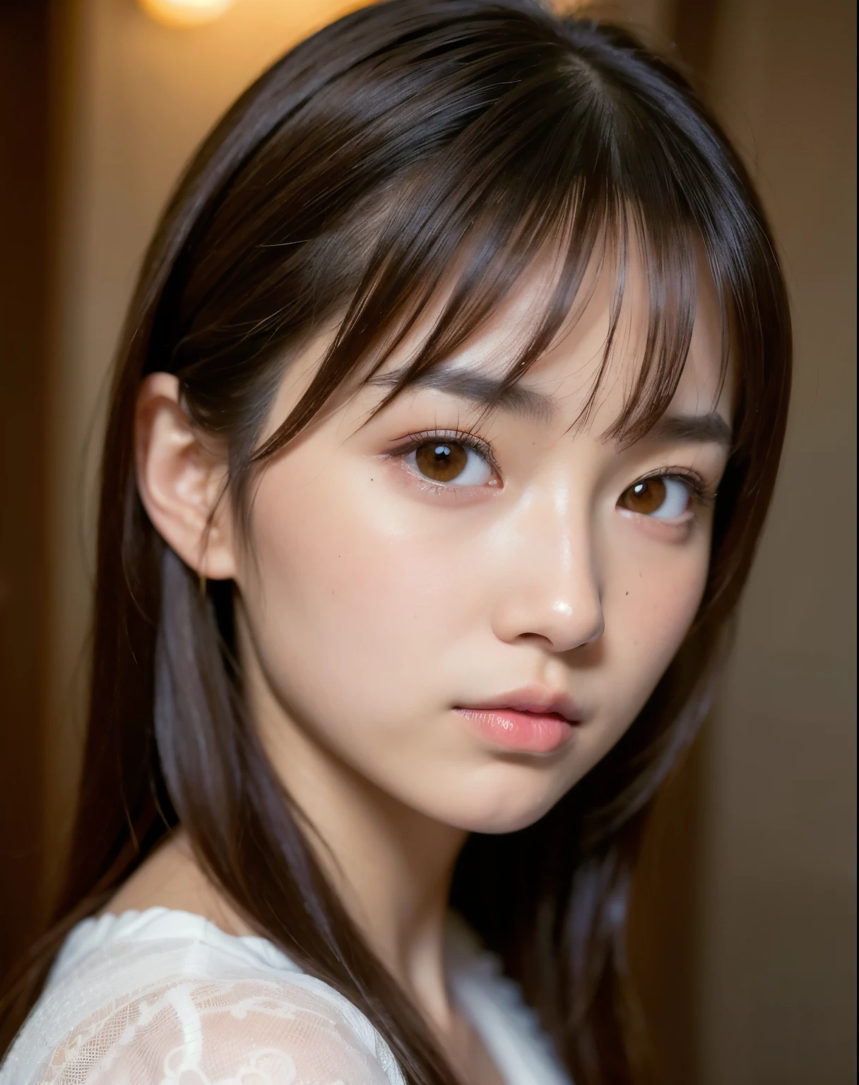 best quality, face focus, soft light, ultra high res, (photorealistic:1.4), RAW photo,
1japanese girl, solo, cute, (pupil, lights in the eyes),  detailed beautiful face, (),(high resolution detail of human skin texture),
(long hair),
indoor,
Damask Shirt Dress,
(portrait)