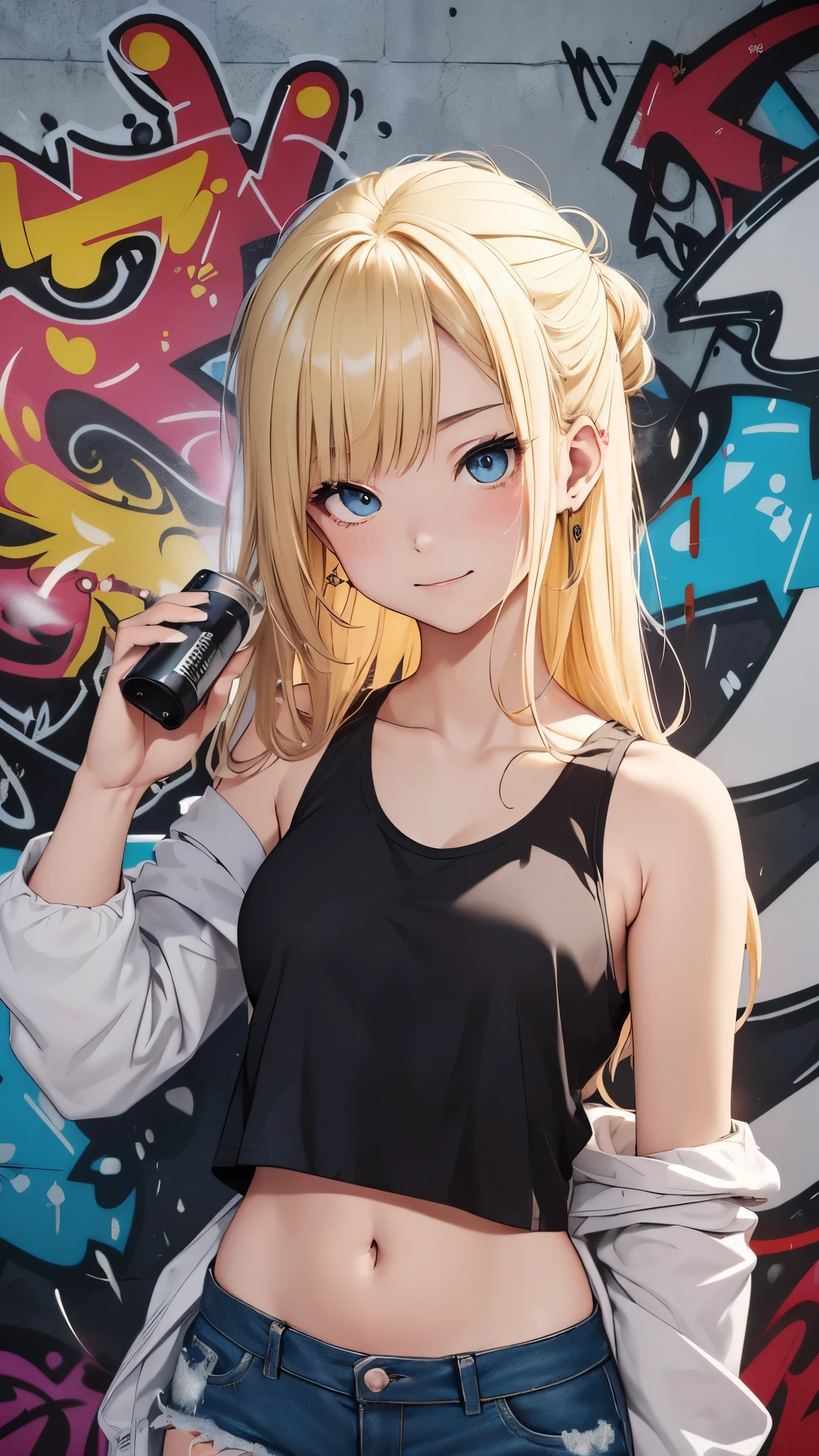 最high quality、best image quality、masterpiece、teenage girl((18-year-old、 By becoming、vest bust、medium bust,wide open breast tea、black eye, blonde hair、habitual hair、long hair、thin,highest valley、belly button black tank top、blue shorts、Holding a spray can、smug face、leaning forward)),high quality、beautiful art、background((bright town、wall、graffiti、paint))debris flies、Depth of written boundary、movie、visual art、perfect art、8K,genuine