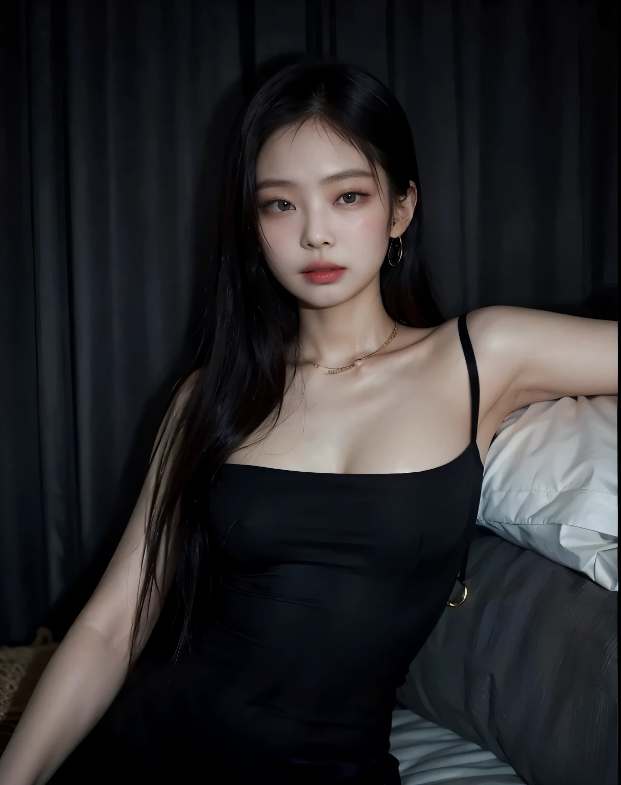 there is a woman in a black dress posing for a photo, coreana, linda mulher coreana jovem, cruel korean goth girl, Mulher sul-coreana bonita, Asian, jennie blackpink, mulher coreana jovem bonita, Ulzzang, Heonhwa Choe, Mulher coreana, she is wearing a black blouse, she is wearing a black dress, jossi do blackpink