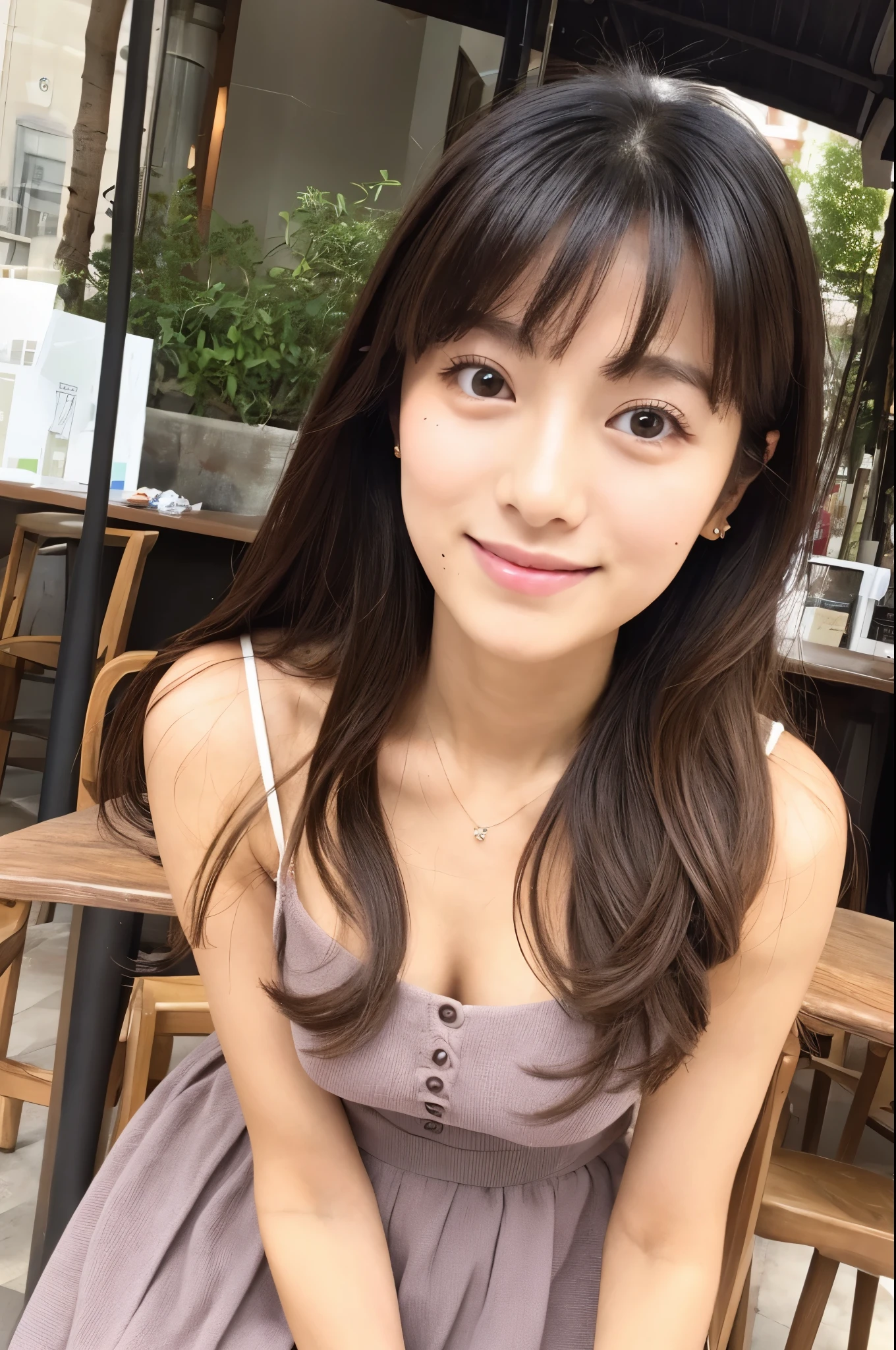 Female Japanese sitting on café terrace, Elegant, long curly hair, turn, off shoulders, large round eyes, Sunlight, with round face, With bangs, Brown eyes, narrow forehead, a baby face, Tear bag, smile, Large front teeth are slightly visible, long skirt,