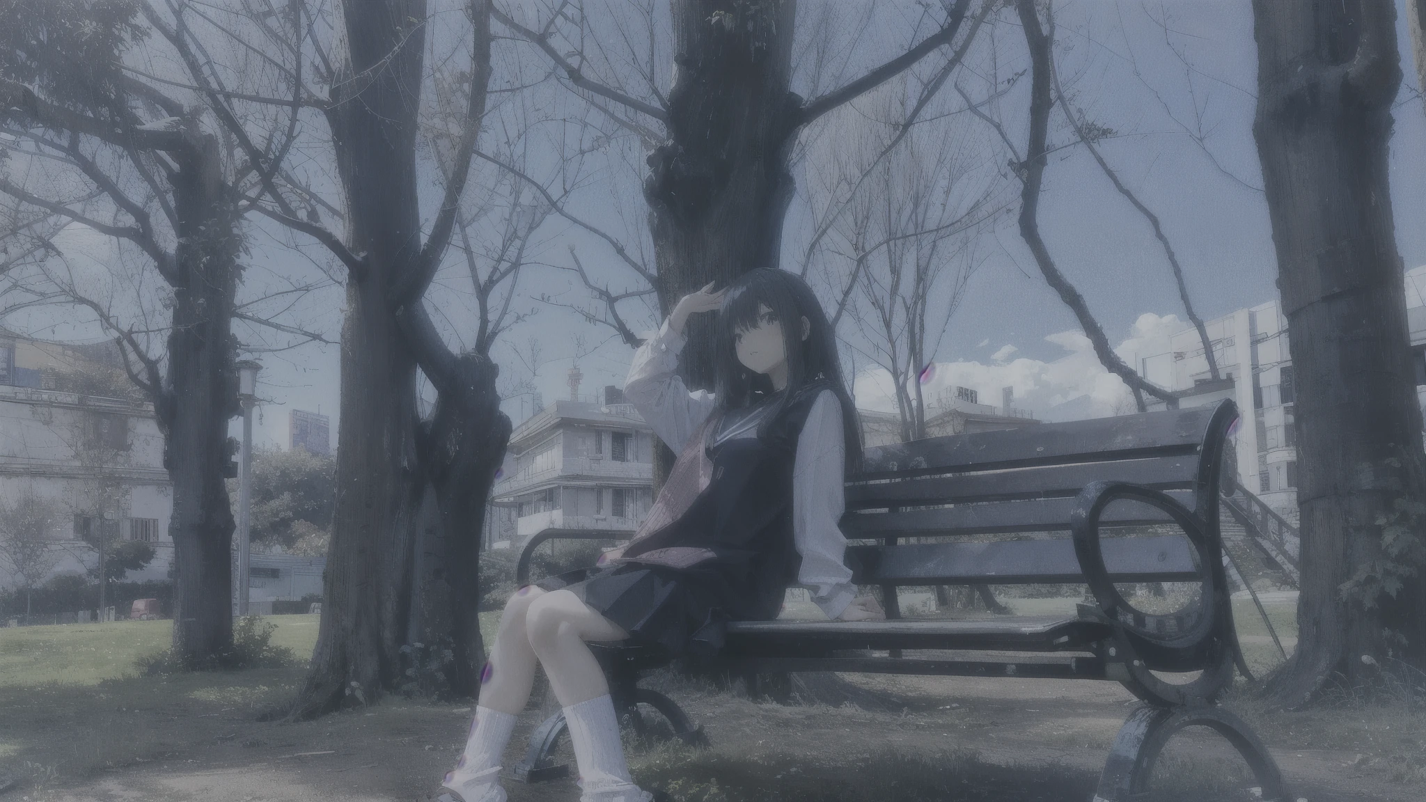there is a woman sit on bench in the park, Anime style mixed with Fuji film, in the park里, 坐in the park的长椅上, real life anime girls, sit on bench, Anime aesthetics, mysterious girl, in the park, anime girl squatting, Sit on a bench, Sakimichan hdri, sit on bench