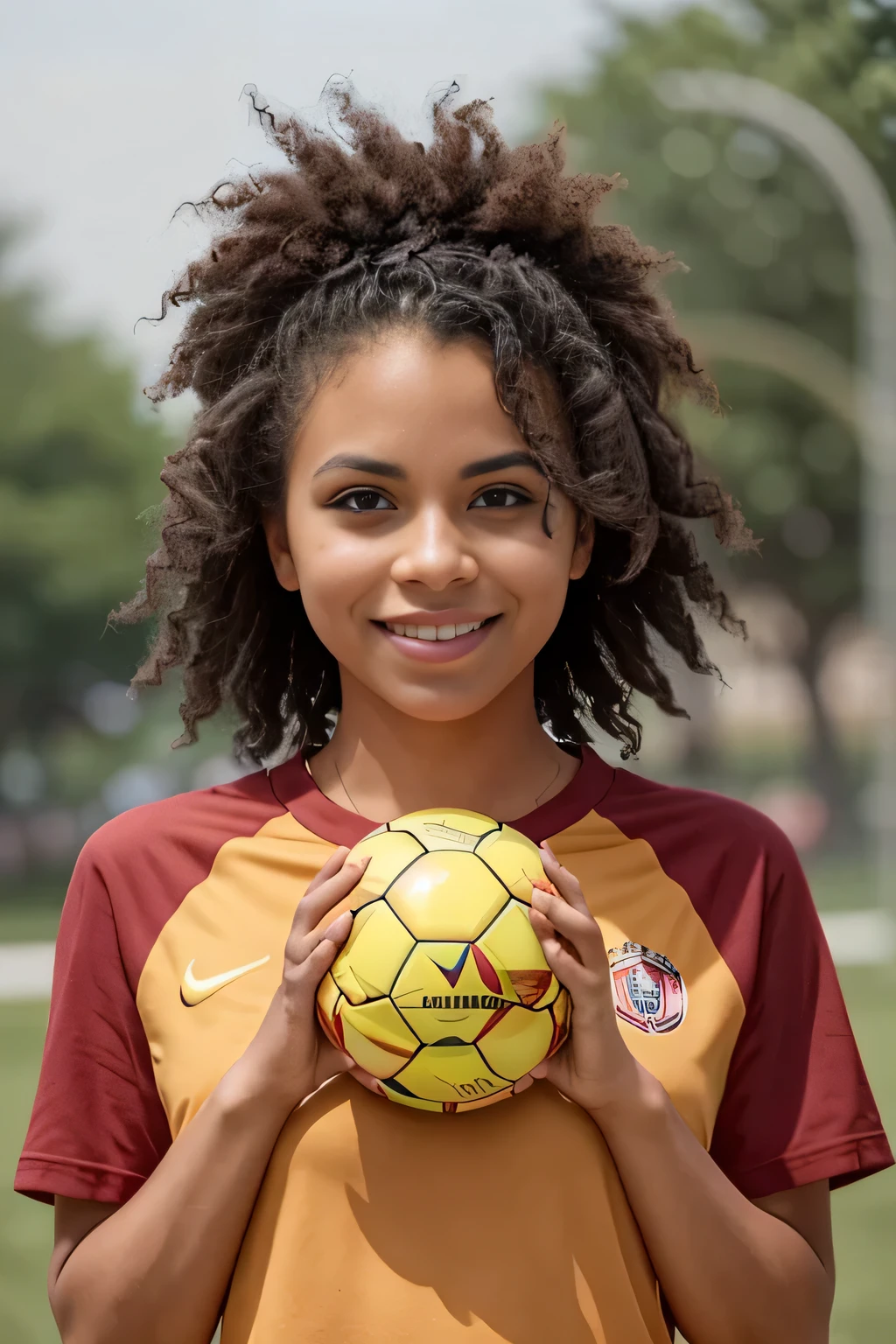 Photo of a beautiful Caucasian woman, Fotorealistische Zazie, Gefunden, Person stands on a soccer field, The person is wearing a red football jersey, has a ball in one of her hands, sonniger Tag