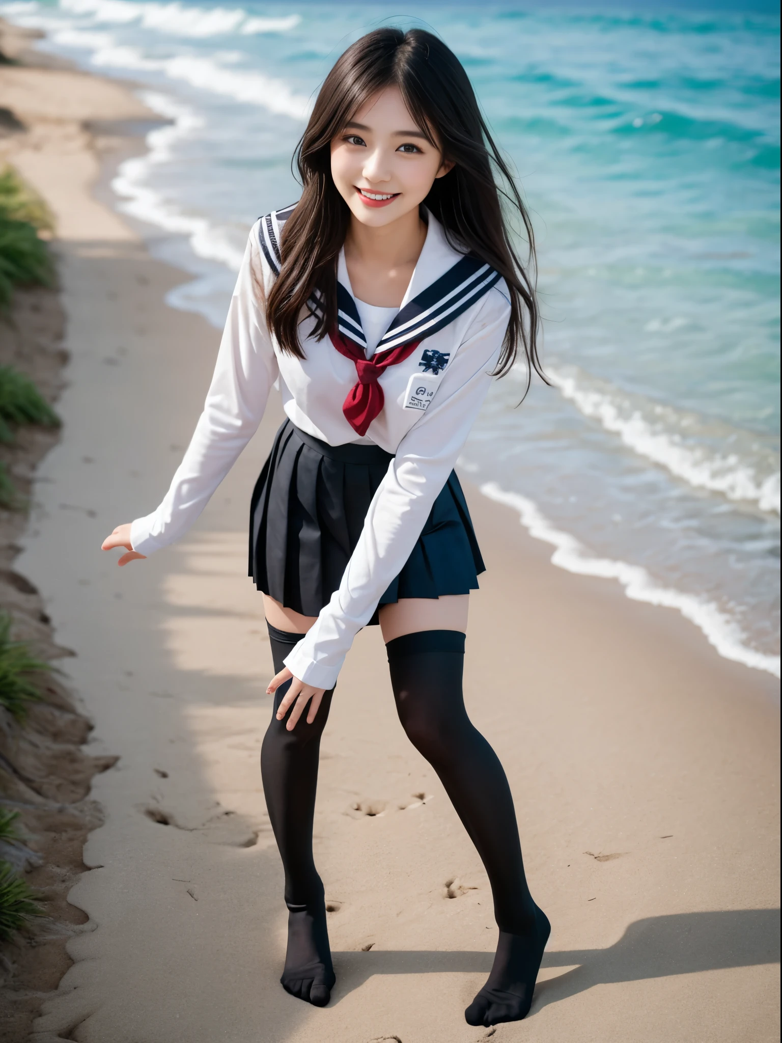 ((((top-quality))))、(((Ultra Precision CG16K Wallpapers)))、(((masterpiece)))、(((ultra-detailliert)))、(((Ultra-extreme details)))、1Man Woman、a matural female、An 18-year-old woman、((Korean Face))、((extremely beautiful face))、((sasaki nozomi:1.5))、((Soft wave semi-long hair:1.3))、(shinny hair)、Bangs up to the eyebrows、Beautiful brown hair、Beautiful delicate eyes、Brown eyes、raised eyebrows、lofty nose、small nostrils、Small mouth、seductive lips、slightly open mouth、Beautiful breasts、C-cup size breasts、cleavage of the breast、Plump body、perfectly proportions、perfect anatomia、perfect-composition、beautiful detailed shading、Beautiful natural lighting、Beautiful detail glow、depth of fields、(((a high chroma)))、(((realisitic:1.9)))、((Vivid:1.4))、((Beautiful skin))、((Skin texture))、((Realistic skin feeling))、(((Head-to-thigh shot:1.5)))、((Frontal angle:1.5))、((a smile:1.3))、(Eyes looking at me)、Bright sunshine、(((Standing by the lake:1.5)))、(Blur the background)、(((Japanese high school girl wearing uniform、Sailor suit wearing:1.5)))、((2 arms、2 legs:1.5))、((The skirt is rolled up in the wind、lift skirt:1.5))、((Show panties、pantyshot:1.5))、