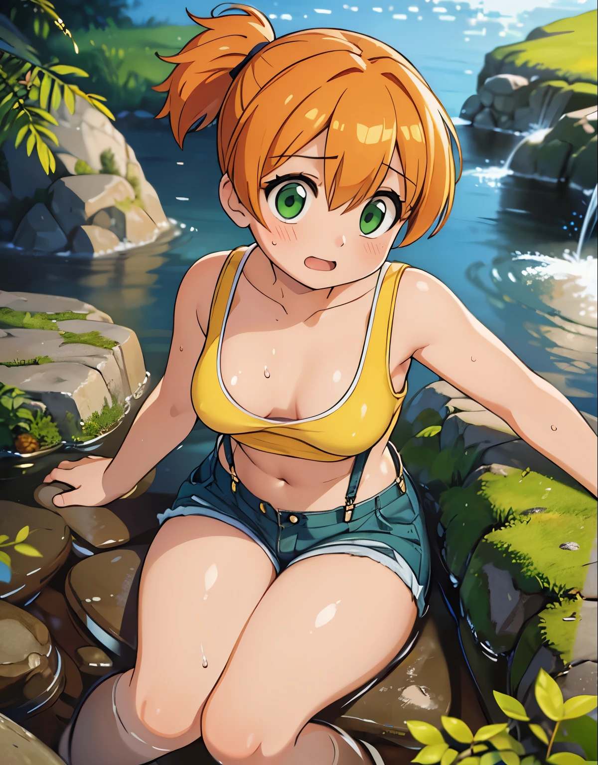 (best quality,4k,highres,masterpiece:1.2),ultra-detailed,(realistic,photorealistic,photo-realistic:1.37),HDR,UHD,studio lighting,extreme detail description,professional

A woman lying in a stream, detailed face and body,full body, misty, 1girl, breasts, looking_at_viewer, short_hair, closed_mouth, bangs, navel, hair_between_eyes, bare_shoulders, sitting, green_eyes, full_body, lying, sleeveless, midriff, orange_hair, side_ponytail, crop_top, looking_to_the_side, eyelashes, bare_legs, sleeveless_shirt, leaning_forward, arm_support, suspenders, tank_top, denim_shorts, yellow_shirt, hair_tie, green_shorts, suspender_shorts, yellow_tank_top, down blouse, body shape, small breast, chubby thighs, thick thighs, open mouth,beautiful eyes, her body completely soaked wet, her expression reflecting pain and sadness, she tries to cover her intimate parts