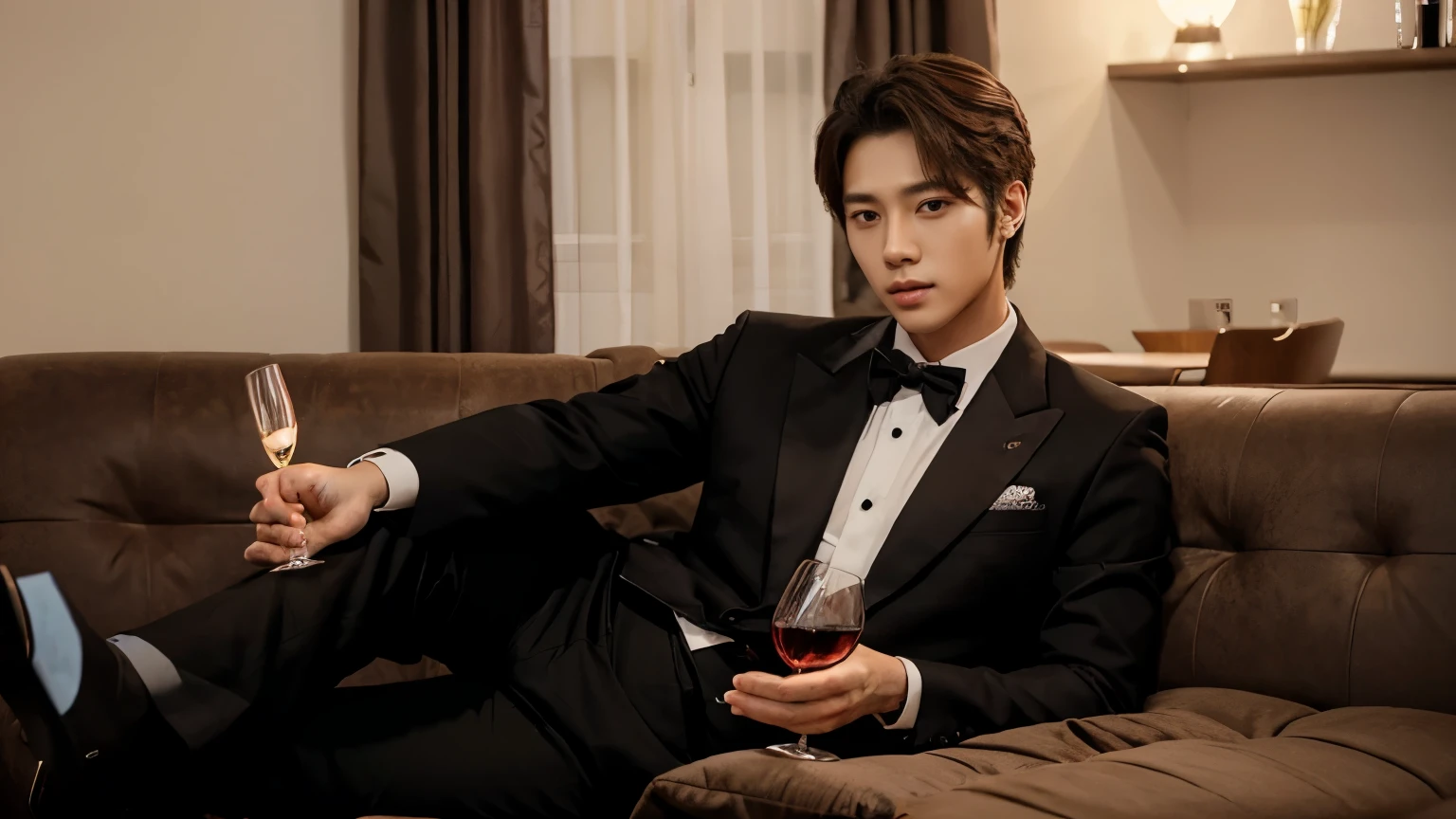 A handsome male K-Pop idol is sitting on the sofa with one hand holding a wine glass and wearing formal clothes