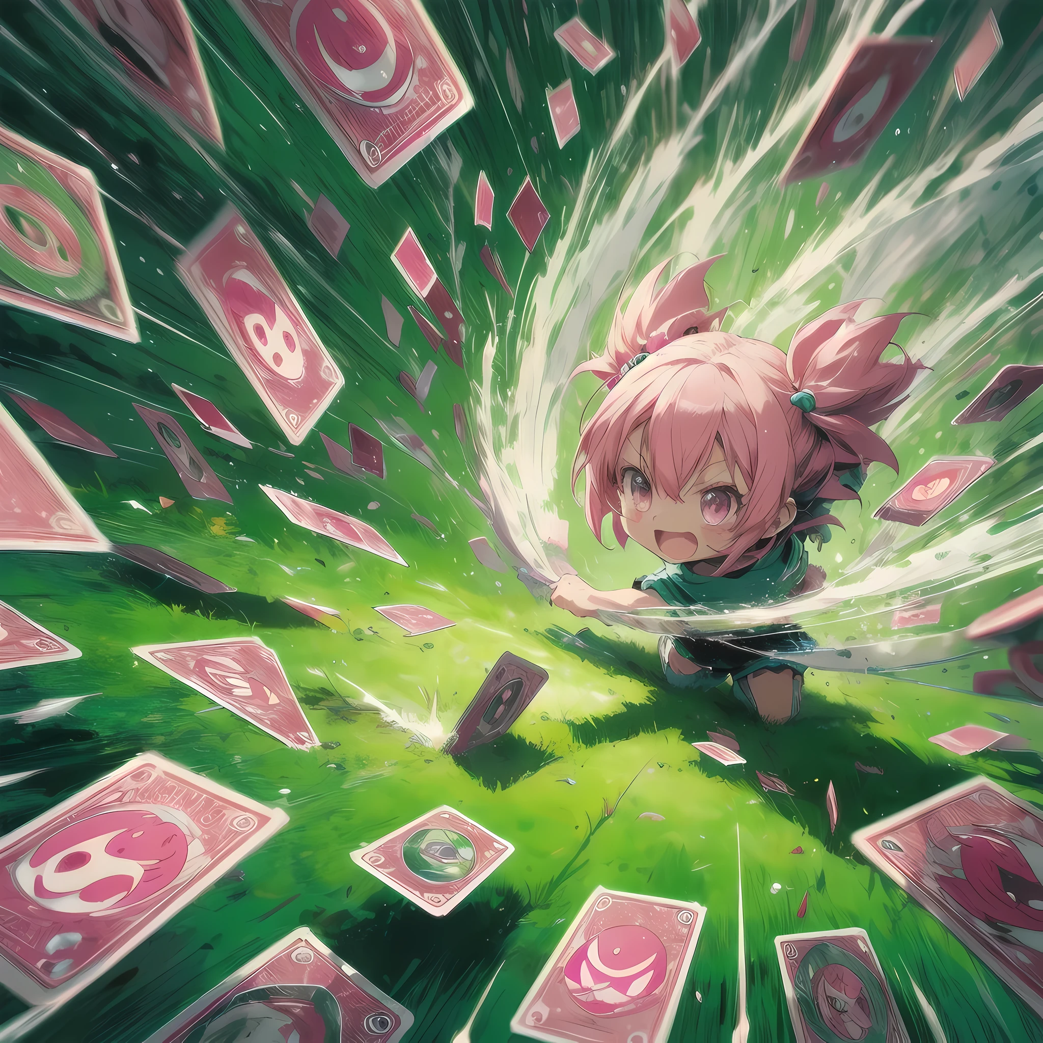 For dynamic and chaotic scenes, Pink-chan, anime style, chibi character, He plays a manko with intense action.. Menko cards are scattered on the bright green lawn, exhibit a sense of confusion and excitement. Pink-chan throws a Menko card with such force that it creates a shockwave, visually represented by ripples in the air, The ground appears to be peeling off at the point of impact., Emphasizes the acceleration of the cards and the intense energy of the game. Pink-chan
