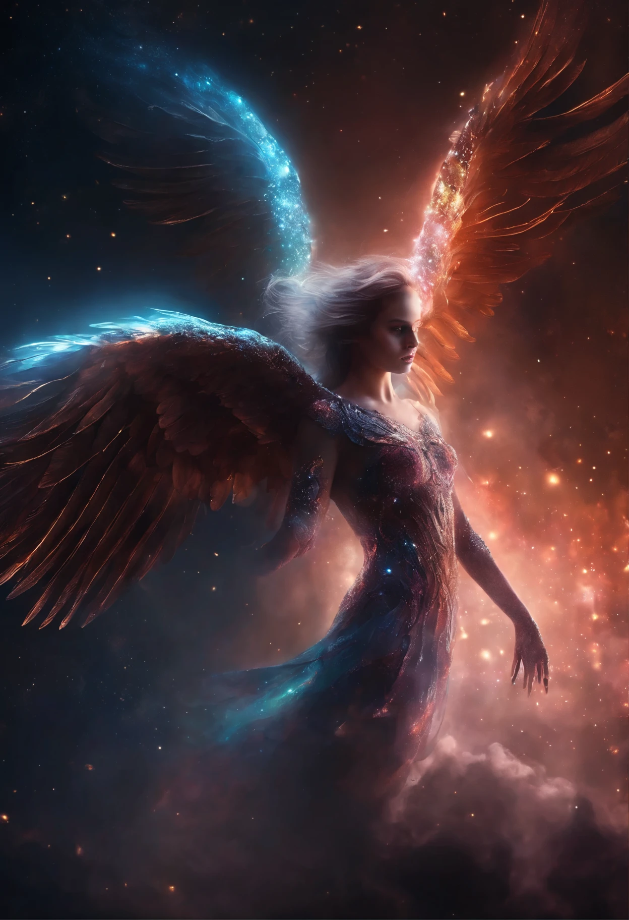 cosmic fallen angel, glowing eyes, biology, weird, crawl, nightmarish, Very bright colors, light particles, Glowing light, mshif, wallpaper art, Ultra HD Wallpaper