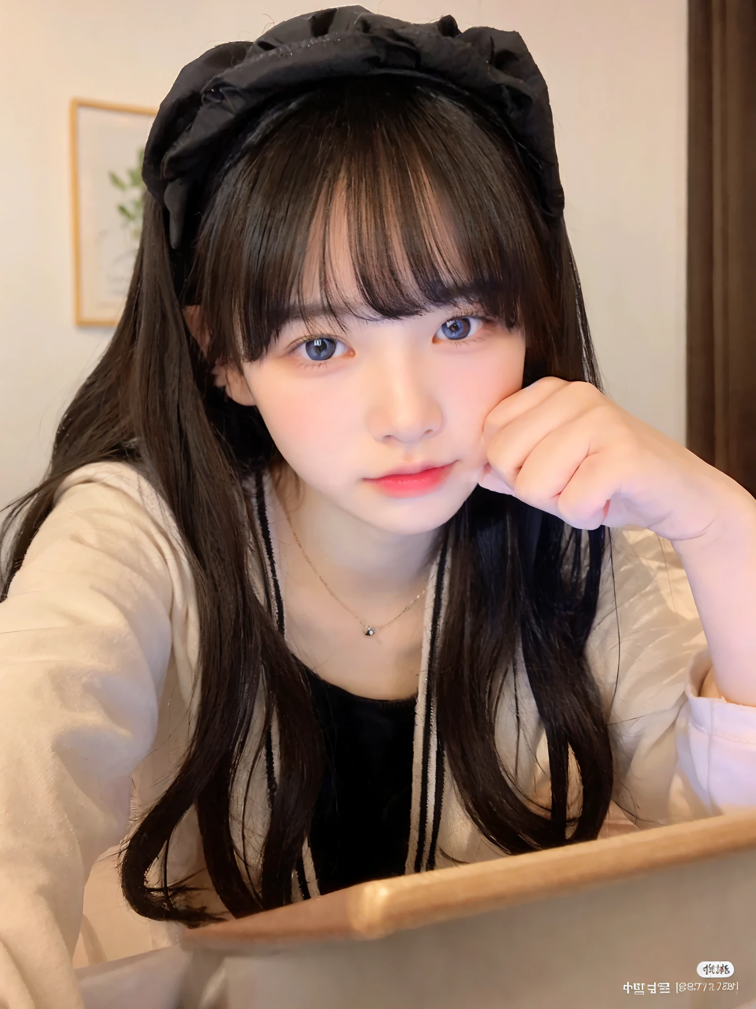 Realistic image, Korean style girl, cute, black bob cut, 18 years old, wearing hoodie, dark blue eyes, city background, He's wearing a black ribbon.