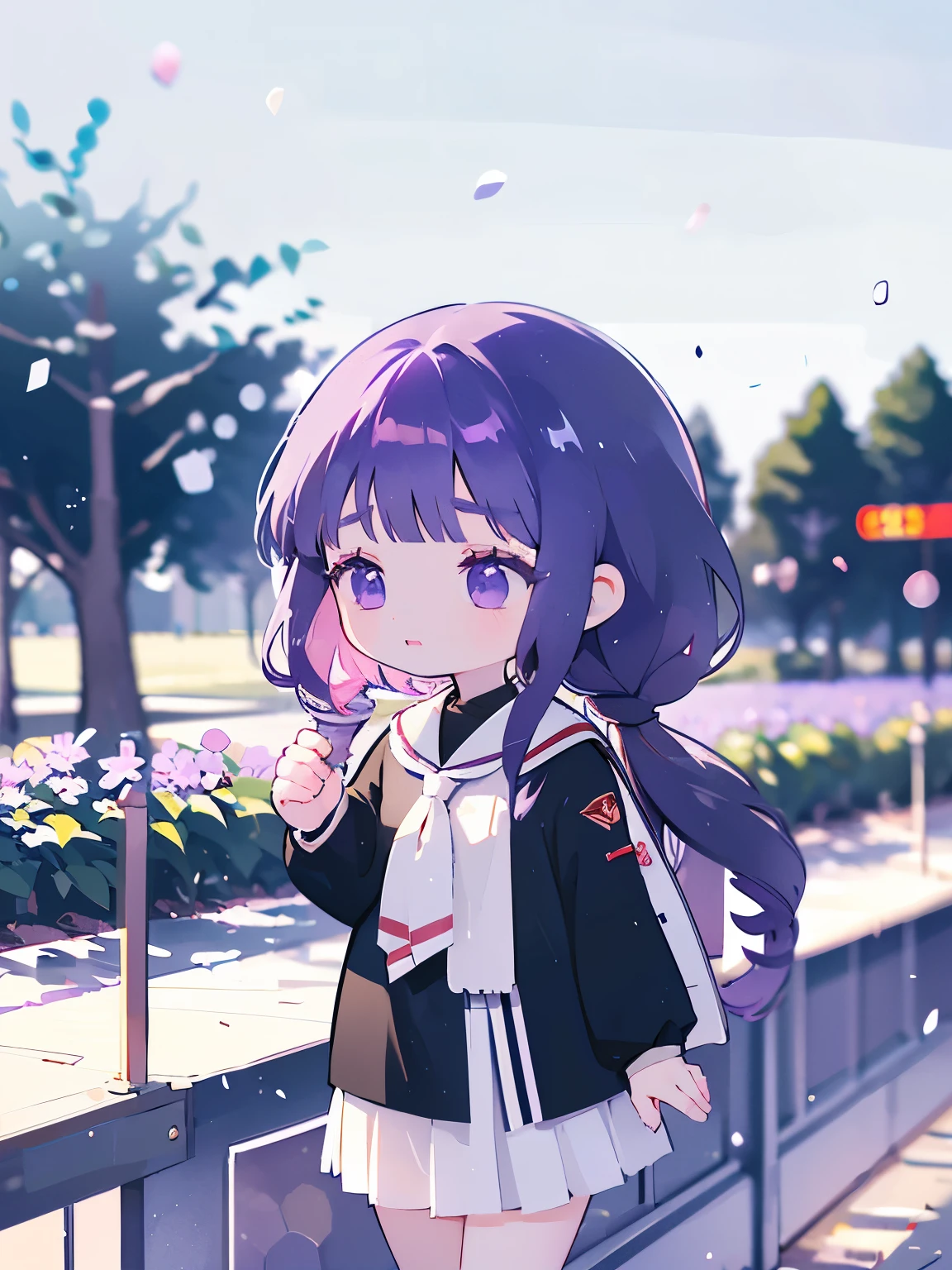 1 little girl，Tomoyo Daidoji，purple long curly hair，Uniforms，School，highest quality，Depth of field effect，2k quality，gentle