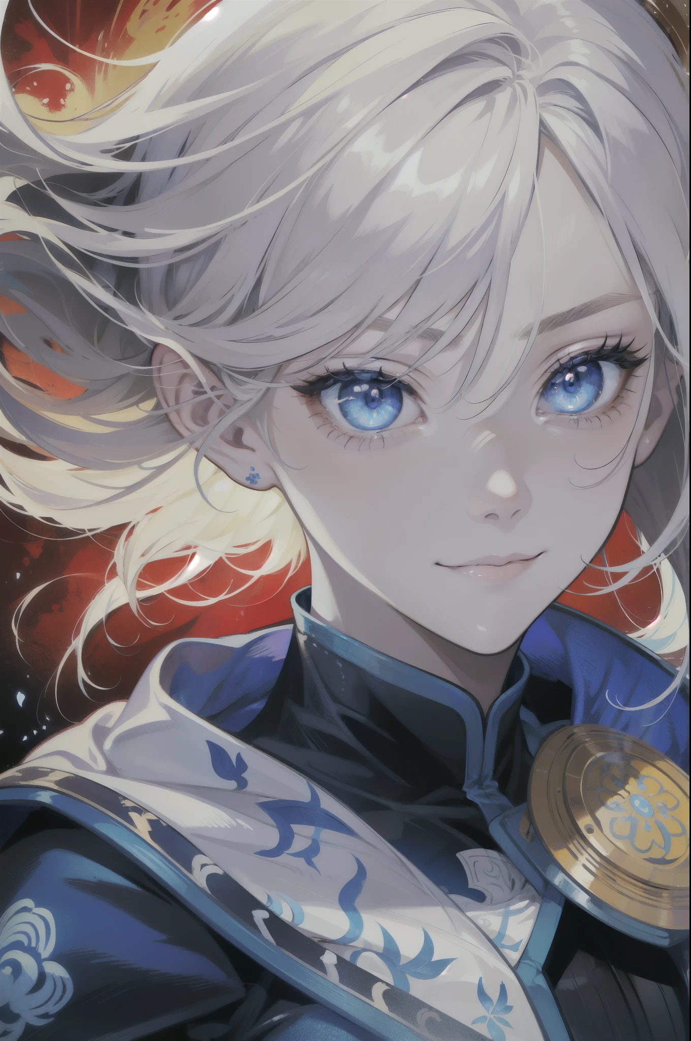 (absurdres, highres, ultra detailed), 1 female, adult, beautiful, finely detailed eyes, blond color hair, avatar the last airbender , complex pattern, detailed face, magic effect, bitter cold, cold snap, smile, (dutch angle), closed mouth, blue eyes, with red clothes fire bender from fire nation