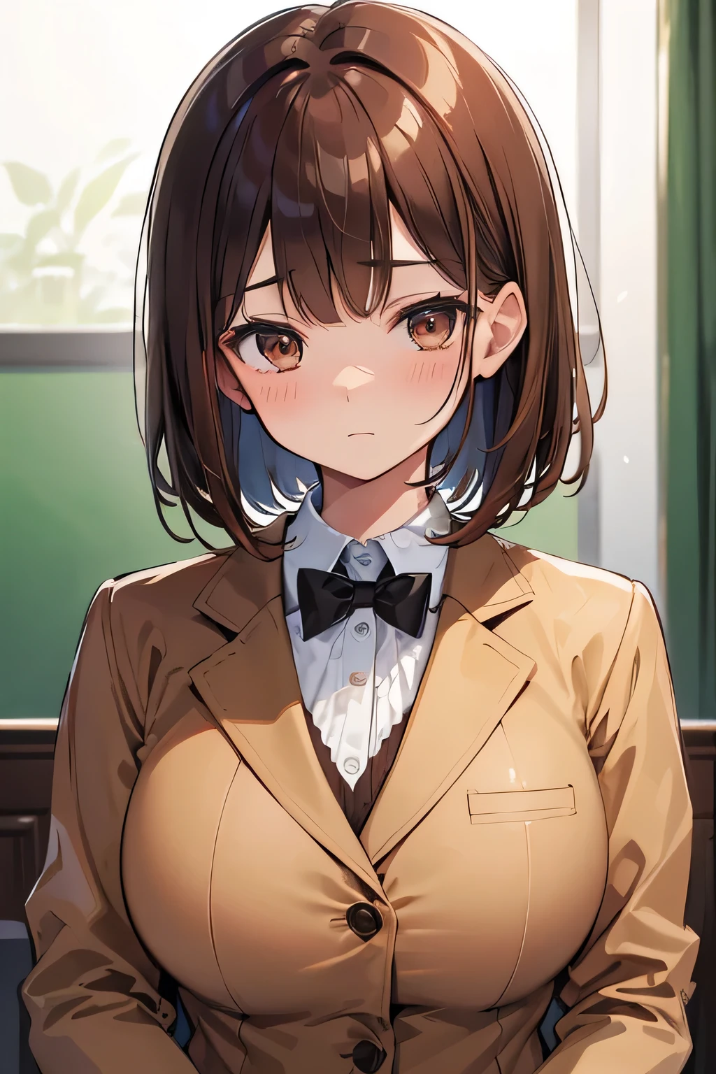 (highest quality), (Super detailed), (Best Illustration), (beauty), (front), (brown blazer), Upper body, (very big breasts), embarrassing, cheeks are red, bangs, bob hair, light brown hair, brown eyes, slightly droopy eyes, School,