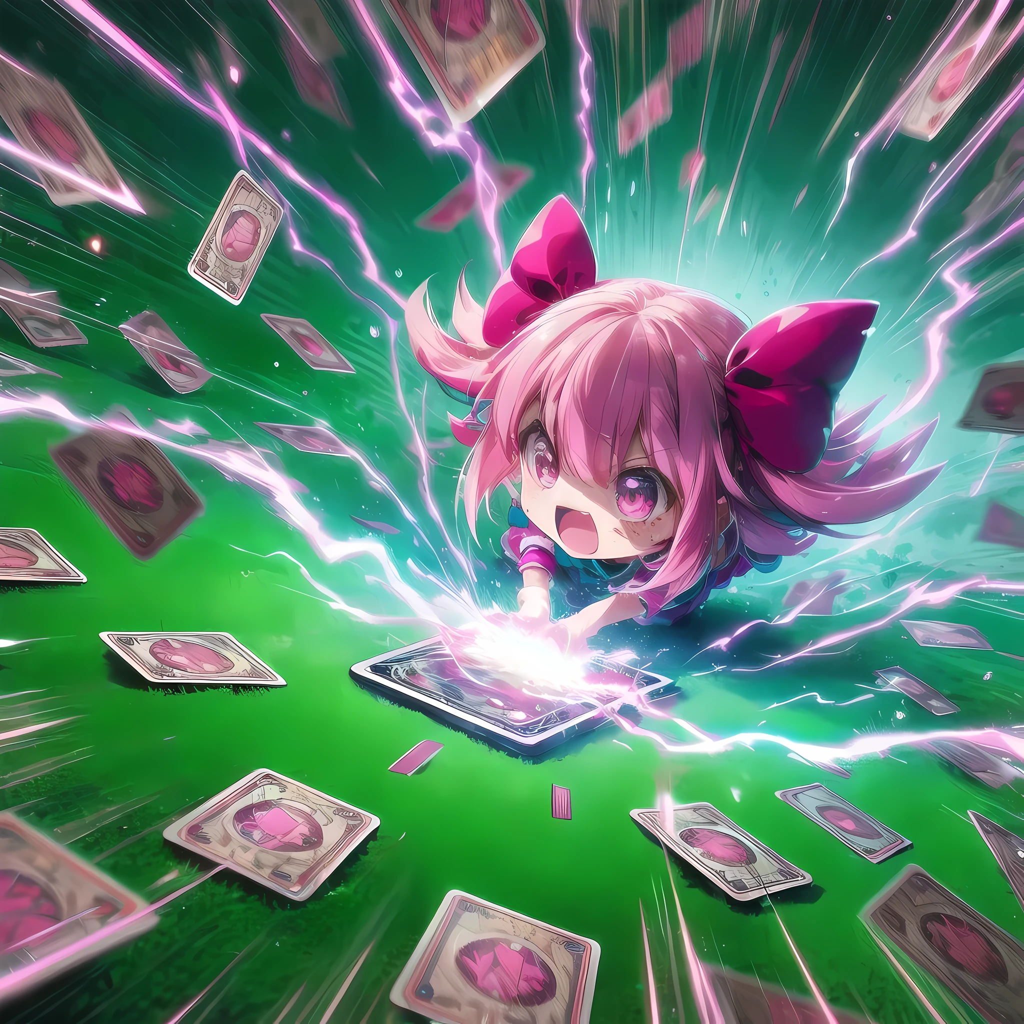 For dynamic and chaotic scenes, Pink-chan, anime style, chibi character, He plays a manko with intense action.. Menko cards are scattered on the bright green lawn, exhibit a sense of confusion and excitement. Pink-chan throws a Menko card with such force that it creates a shockwave, visually represented by ripples in the air, The ground appears to be peeling off at the point of impact., Emphasizes the acceleration of the cards and the intense energy of the game. Pink-chan