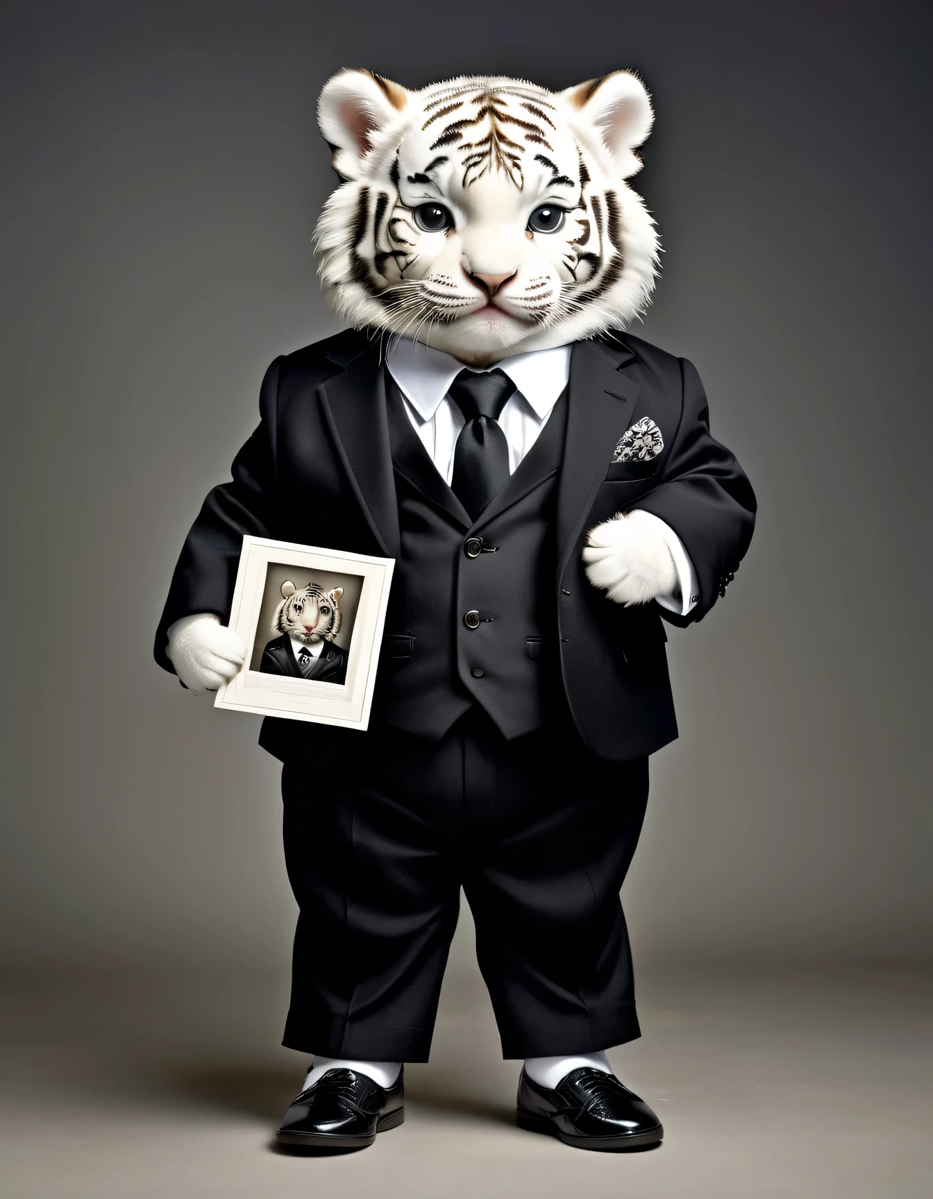 portrait of Dressed animals - a (fat) baby white tiger gentleman,((holding a photo of deceased on the chest)),(holding photo of deceased on the chest ),high quality,(sad) ,intricate details, wearing ((black jacket and tie)) ,black pants and shoes, highly detail (funeral clothes), studio lighting,(full body image:1.5),simple background,