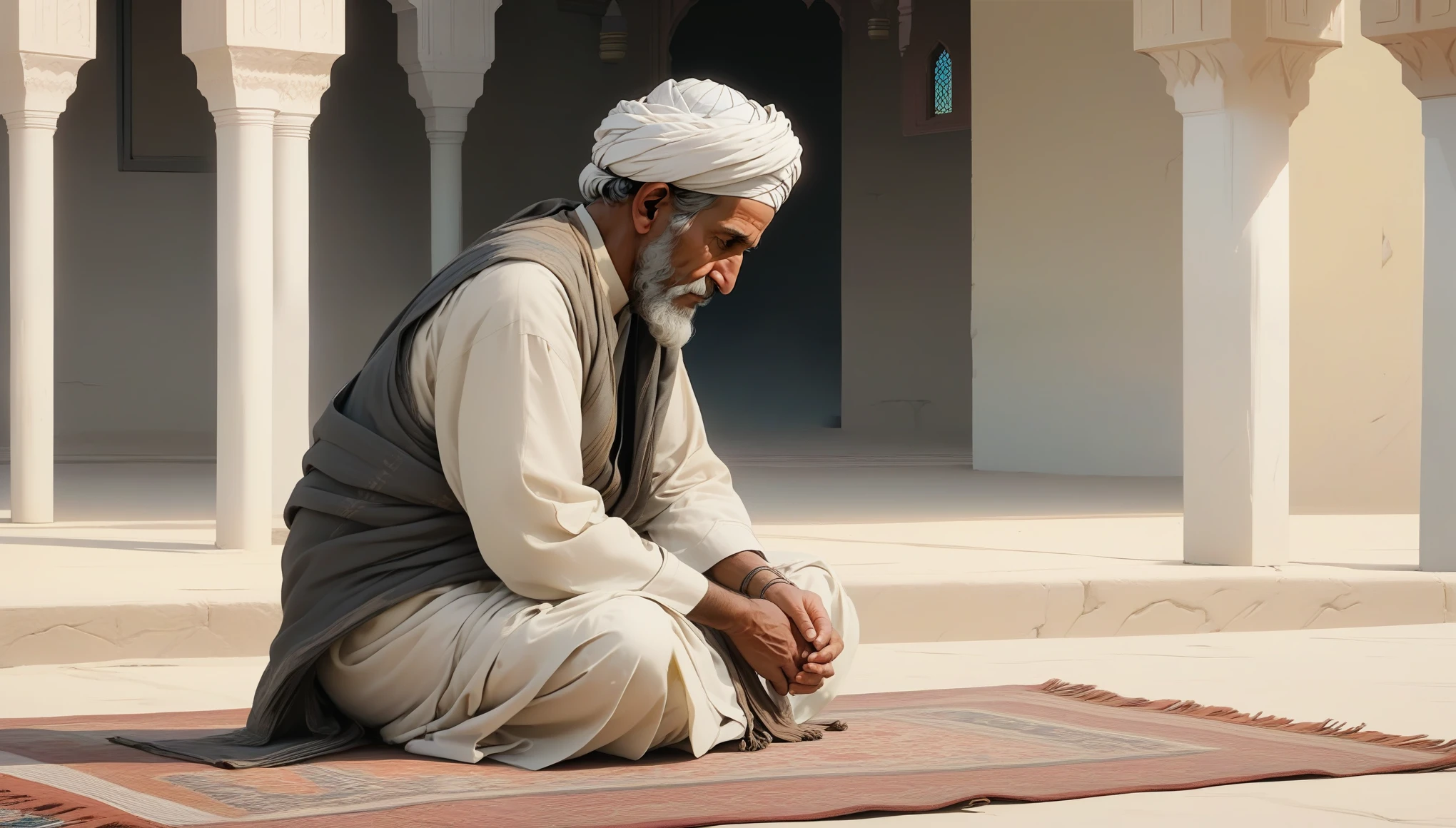 An elderly Afghan male, com rugas duras e longa barba branca, vestindo um turbante preto, e um branco, ouro rosa salwar kameez. He is in the mosque praying on a prayer mat, the early hours of the morning, Fajr Prayer. Hands tied with one on top while he concentrates, praying for his parents who came before and for his family and children in the present. estilo anime, rtx, High definition, high resolution, jogos ultra 24k e motor irreal rtx 6 PC masterace, ultragrafix