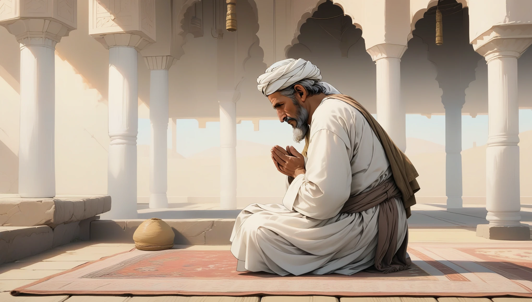 An elderly Afghan male, com rugas duras e longa barba branca, vestindo um turbante preto, e um branco, ouro rosa salwar kameez. He is in the mosque praying on a prayer mat, the early hours of the morning, Fajr Prayer. Hands tied with one on top while he concentrates, praying for his parents who came before and for his family and children in the present. estilo anime, rtx, High definition, high resolution,  jogos ultra 24k e motor irreal rtx 6 PC masterace, ultragrafix