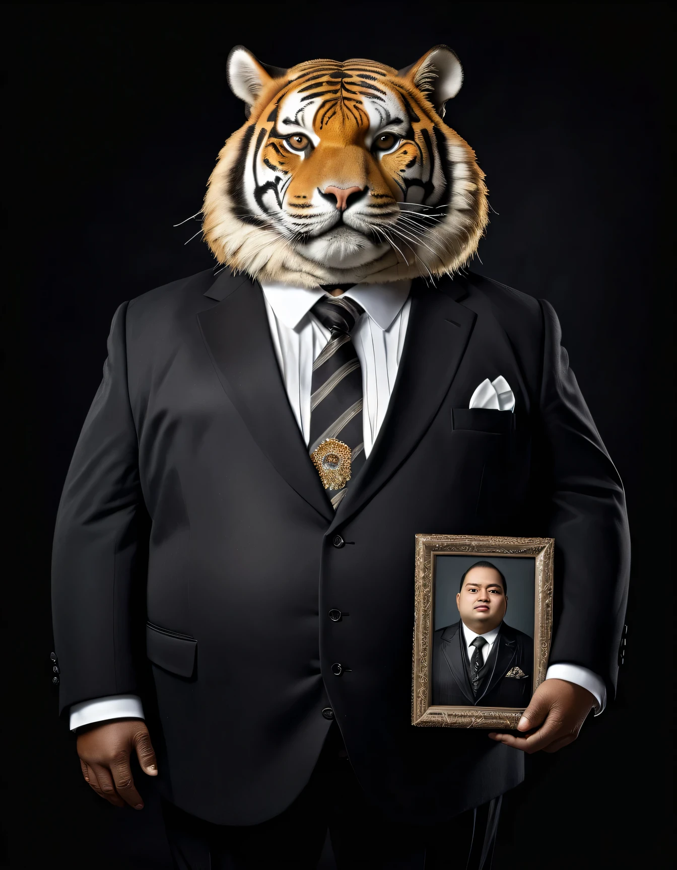 portrait of Dressed animals - a (fat)  tiger gentleman,((holding photo of deceased on the chest)),5 life size,(holding photo of deceased on the chest ),high quality,(sad) ,intricate details, wearing ((black jacket and tie)) ,black shoes, highly detail (funeral clothes), studio lighting,(full body image:1.5),simple background,
