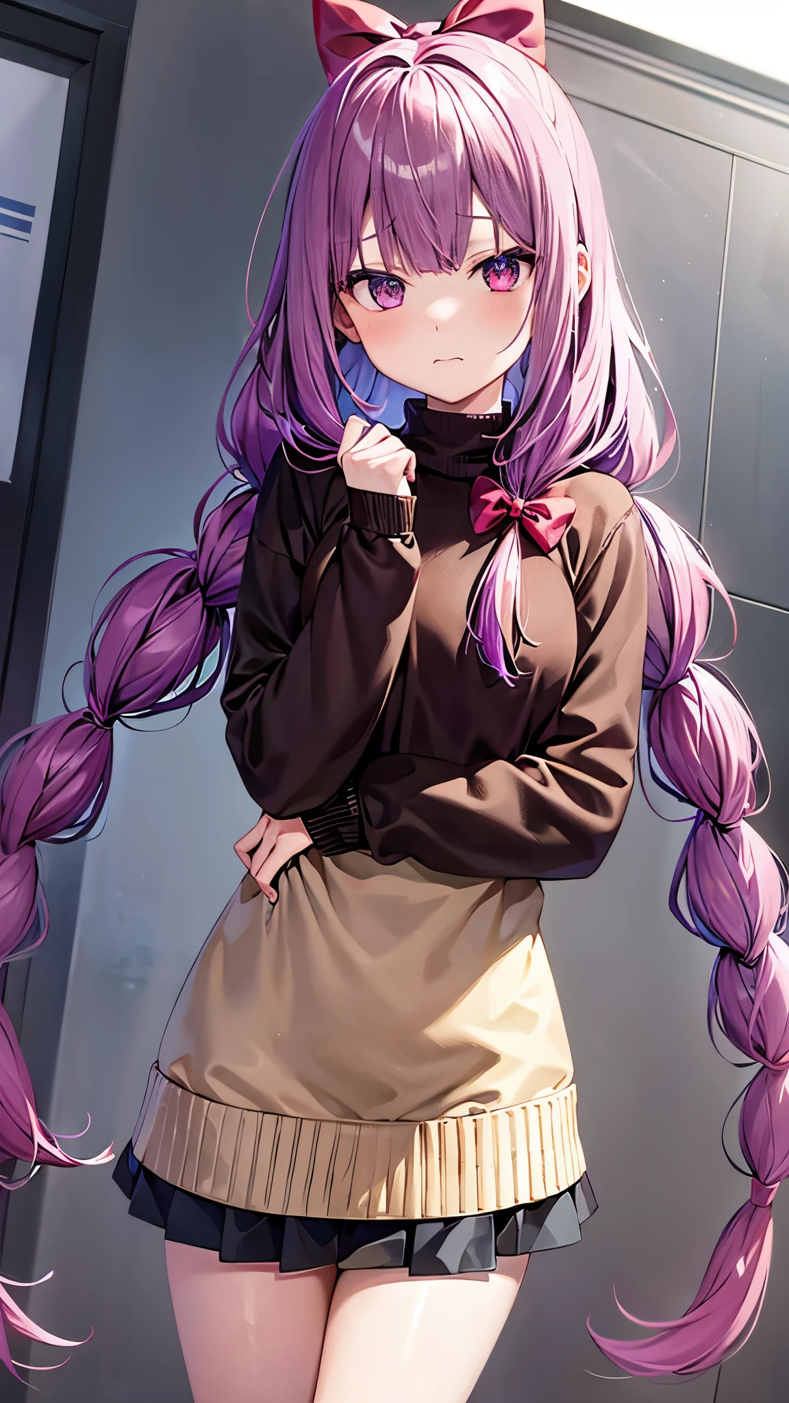 purple hair girl, shyุ 7 ปี,  fit, Light red eyes, long hair,Green braid tied in bows left and right...........Big face, wearing a brown sweater........, Wear a black miniskirt........ From America...,(shy).....The background is snowy.... 4K Photos