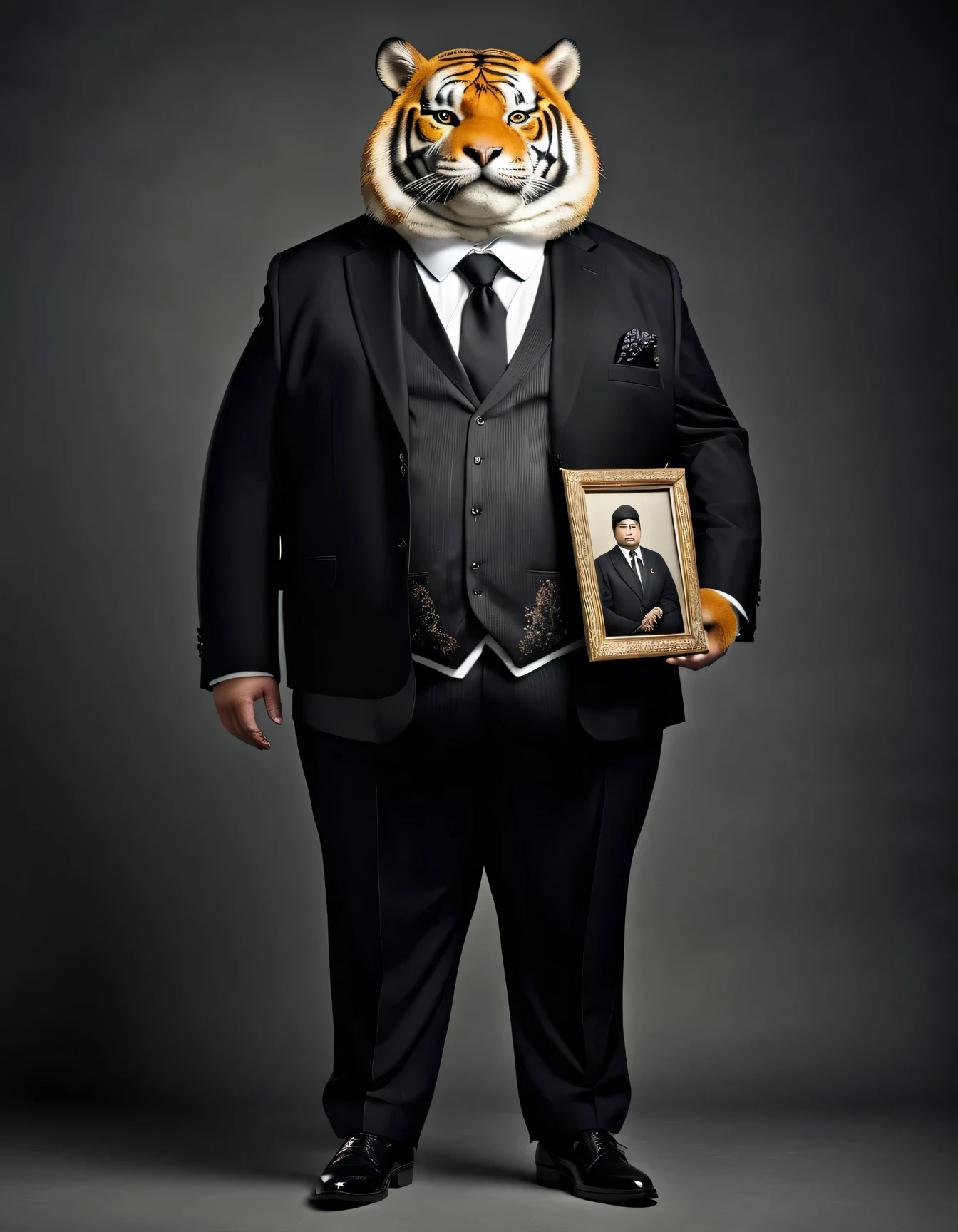 portrait of Dressed animals - a (fat) tiger gentleman,((holding photo of deceased on the chest)),( ),high quality,(sad) ,intricate details, wearing ((black jacket and tie)) ,black shoes,highly detail (funeral clothes), studio lighting,(full body image:1.5),simple background,