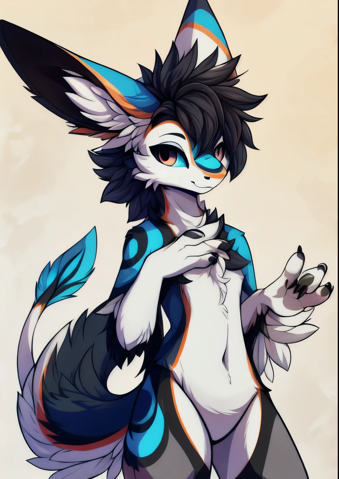 Avali , Furson, Young woman, black white and gray accents, 2 pairs of ears, Javali, fluffy hair, dirty ink