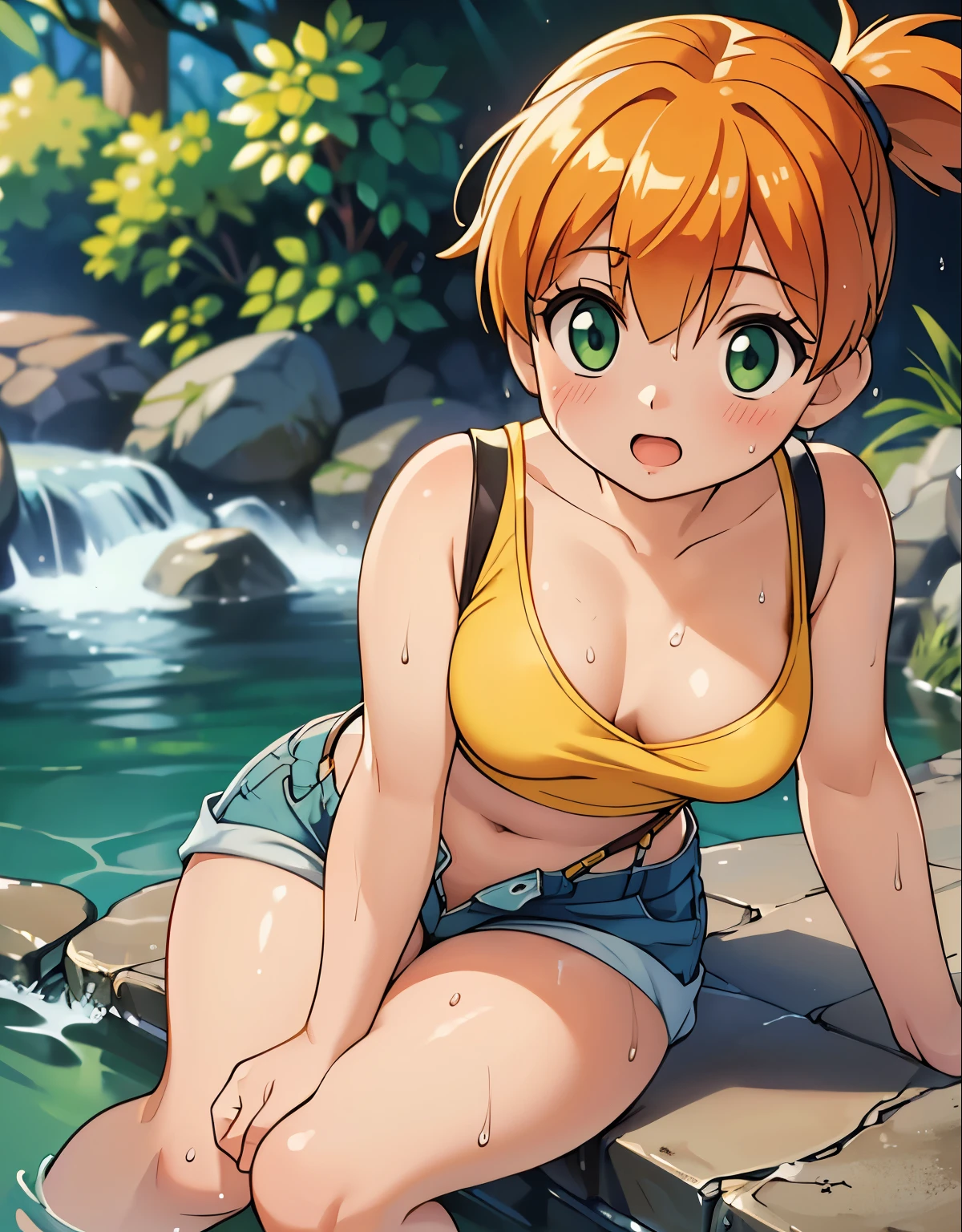 (best quality,4k,highres,masterpiece:1.2),ultra-detailed,(realistic,photorealistic,photo-realistic:1.37),HDR,UHD,studio lighting,extreme detail description,professional

A woman lying in a stream, detailed face and body,full body, misty, 1girl, breasts, looking_at_viewer, short_hair, closed_mouth, bangs, navel, hair_between_eyes, bare_shoulders, sitting, green_eyes, full_body, lying, sleeveless, midriff, orange_hair, side_ponytail, crop_top, looking_to_the_side, eyelashes, bare_legs, sleeveless_shirt, leaning_forward, arm_support, suspenders, tank_top, denim_shorts, yellow_shirt, hair_tie, green_shorts, suspender_shorts, yellow_tank_top, down blouse, body shape, small breast, chubby thighs, thick thighs, open mouth,beautiful eyes, her body completely soaked wet, loved gaze, she tries to cover her intimate parts