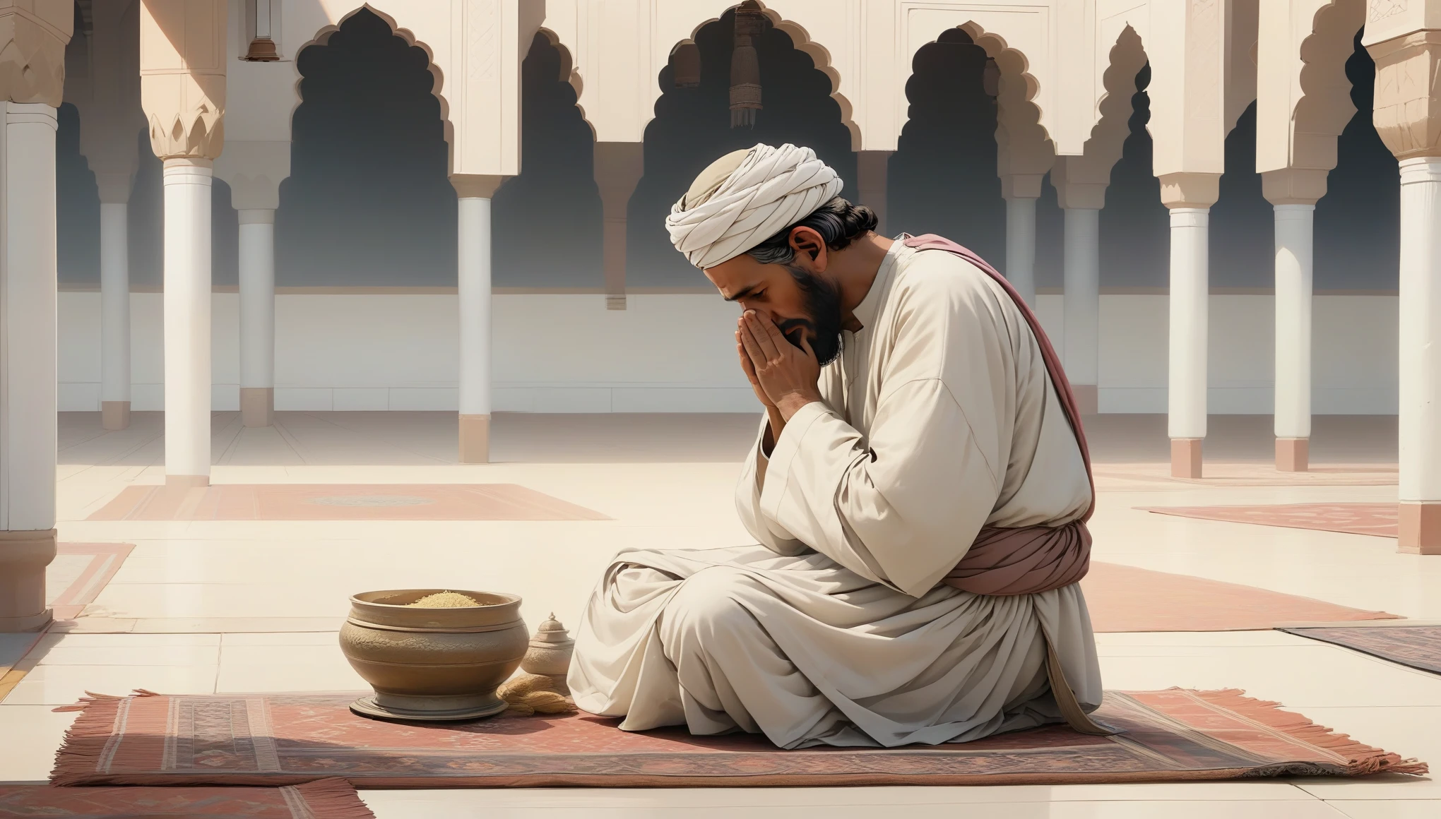 An elderly Afghan male, com rugas duras e longa barba branca, vestindo um turbante preto, e um branco, ouro rosa salwar kameez. He is in the mosque praying on a prayer mat, the early hours of the morning, Fajr Prayer. Hands tied with one on top while he concentrates, praying for his parents who came before and for his family and children in the present. estilo anime, rtx, High definition, high resolution, jogos ultra 24k e motor irreal rtx 6 PC masterace, ultragrafix