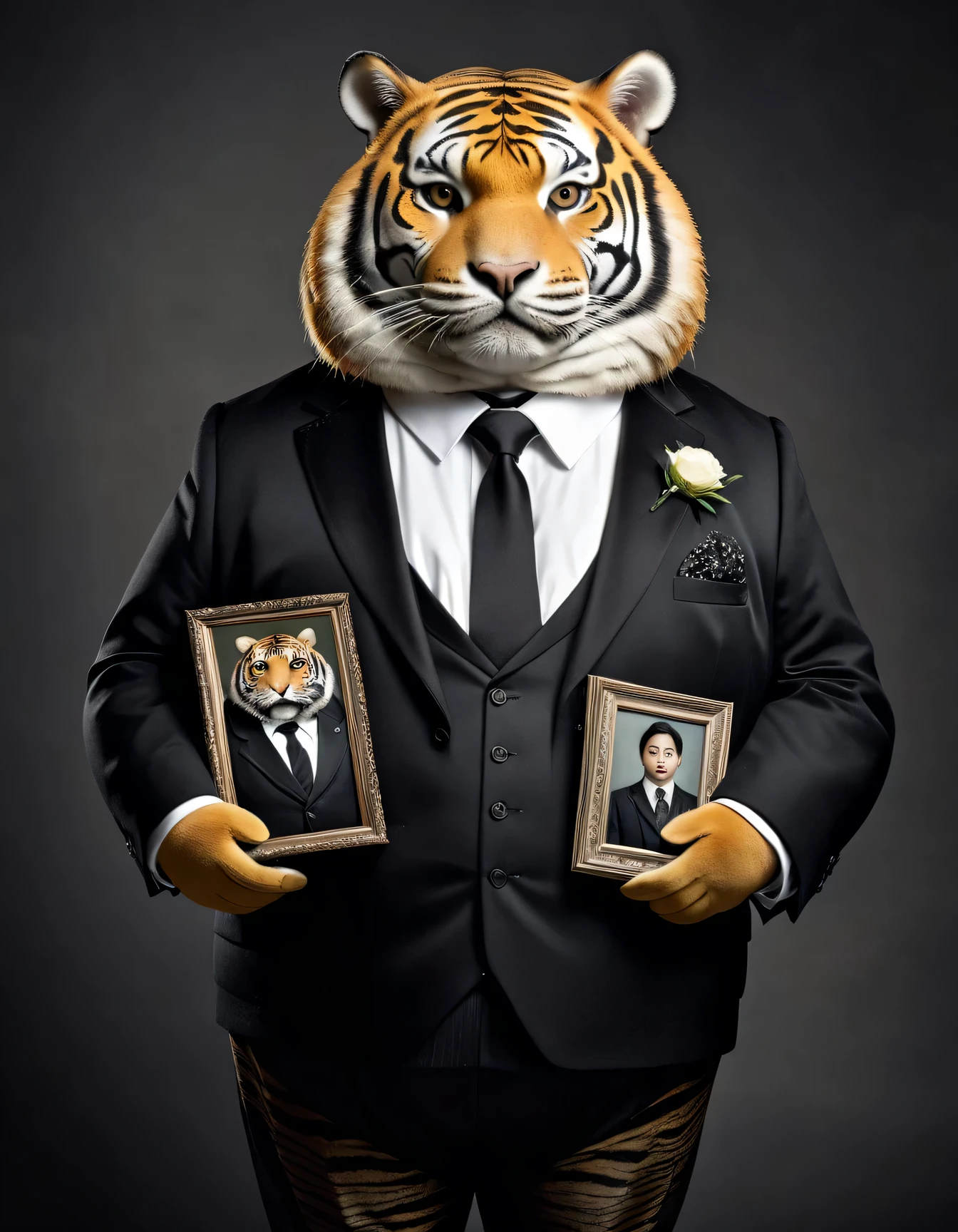 portrait of Dressed animals - a (fat) tiger gentleman,(holding photo of deceased ),(holding photo of deceased ),high quality,(sad) ,intricate details, wearing ((black jacket and tie)) ,highly detail (funeral clothes), studio lighting,(full body image:1.5),simple background,