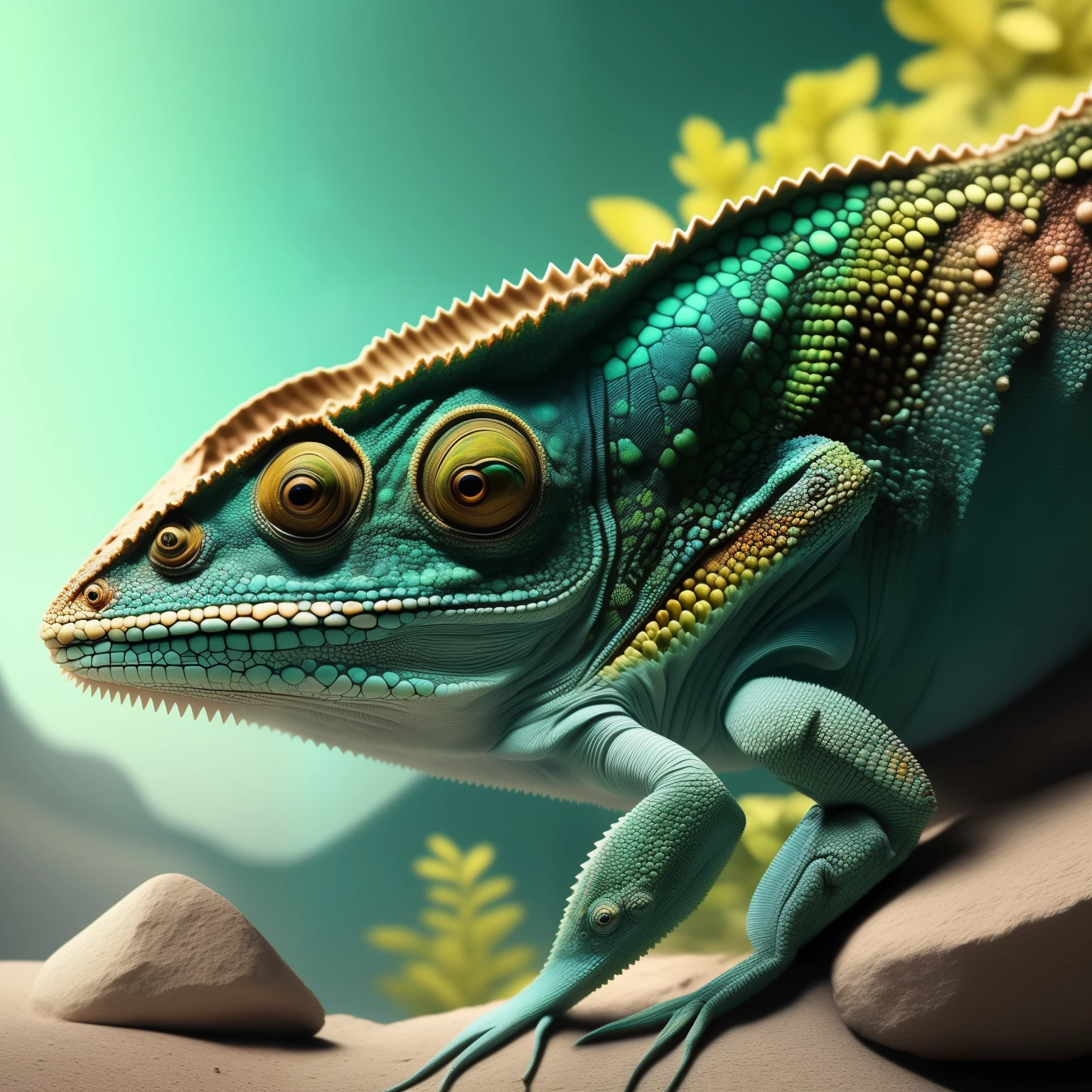 A chameleon, named Vitokomagnifico, strolls gracefully on the enchanting landscape of words in this mind-bending, ultra-detailed, 8k artwork. The letters beneath its tiny feet shift and transform, revealing an intricate web of interconnected semantics that extend infinitely in every direction. The chameleon's scales elegantly morph to blend seamlessly with the words, displaying a ripple effect of changing hues and textures. With a captivating, almost surreal quality, Vitokomagnifico's environment appears to be a breathtaking fusion of biology and language, where meaning and life intertwine in a