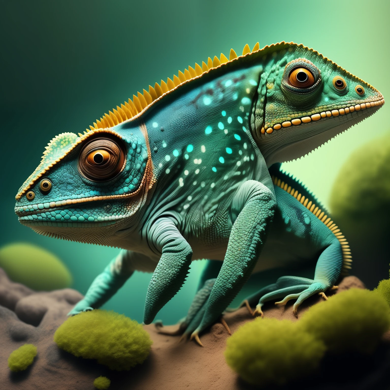 A chameleon, named Vitokomagnifico, strolls gracefully on the enchanting landscape of words in this mind-bending, ultra-detailed, 8k artwork. The letters beneath its tiny feet shift and transform, revealing an intricate web of interconnected semantics that extend infinitely in every direction. The chameleon's scales elegantly morph to blend seamlessly with the words, displaying a ripple effect of changing hues and textures. With a captivating, almost surreal quality, Vitokomagnifico's environment appears to be a breathtaking fusion of biology and language, where meaning and life intertwine in a
