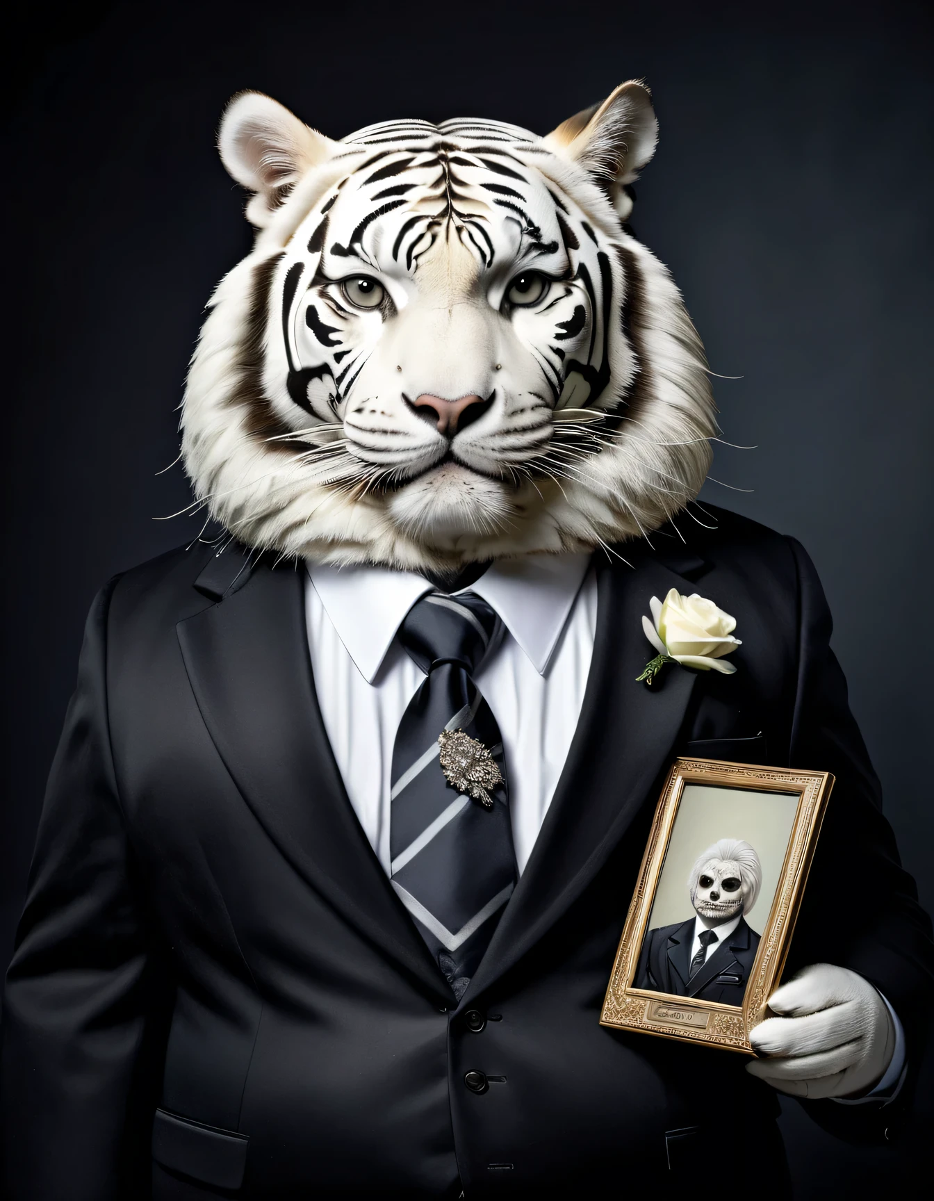 portrait of Dressed animals - a (fat) white tiger gentleman,(holding photo of deceased on the chest ),high quality,(sad) ,intricate details, wearing ((black jacket  and tie)) ,highly detail, , (funeral atmosphere), studio lighting,(upper body image:1.5),simple background,