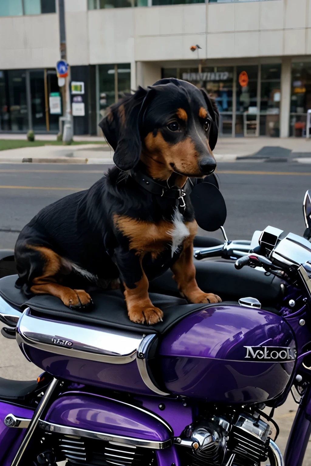 a dog dachshund on a violet motorcycle