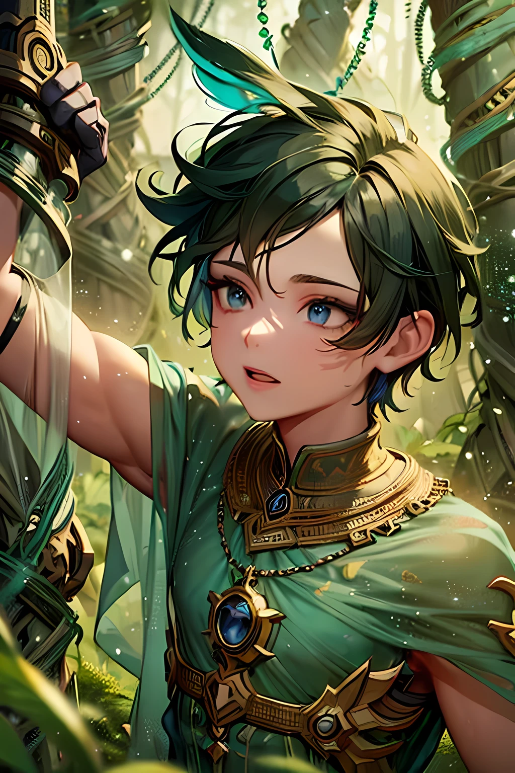 a boy leveling up in the forest while logging, beautiful detailed eyes, detailed lips, extremely detailed face, long eyelashes, strong and muscular physique, focused expression, wearing rugged clothes, swinging an axe, surrounded by tall trees and lush greenery, rays of sunlight filtering through the leaves, creating a warm and serene atmosphere, realistic, high-resolution artwork, digitally hand-painted illustration, vibrant colors, capturing the essence of nature and exploration, ((21 years old))