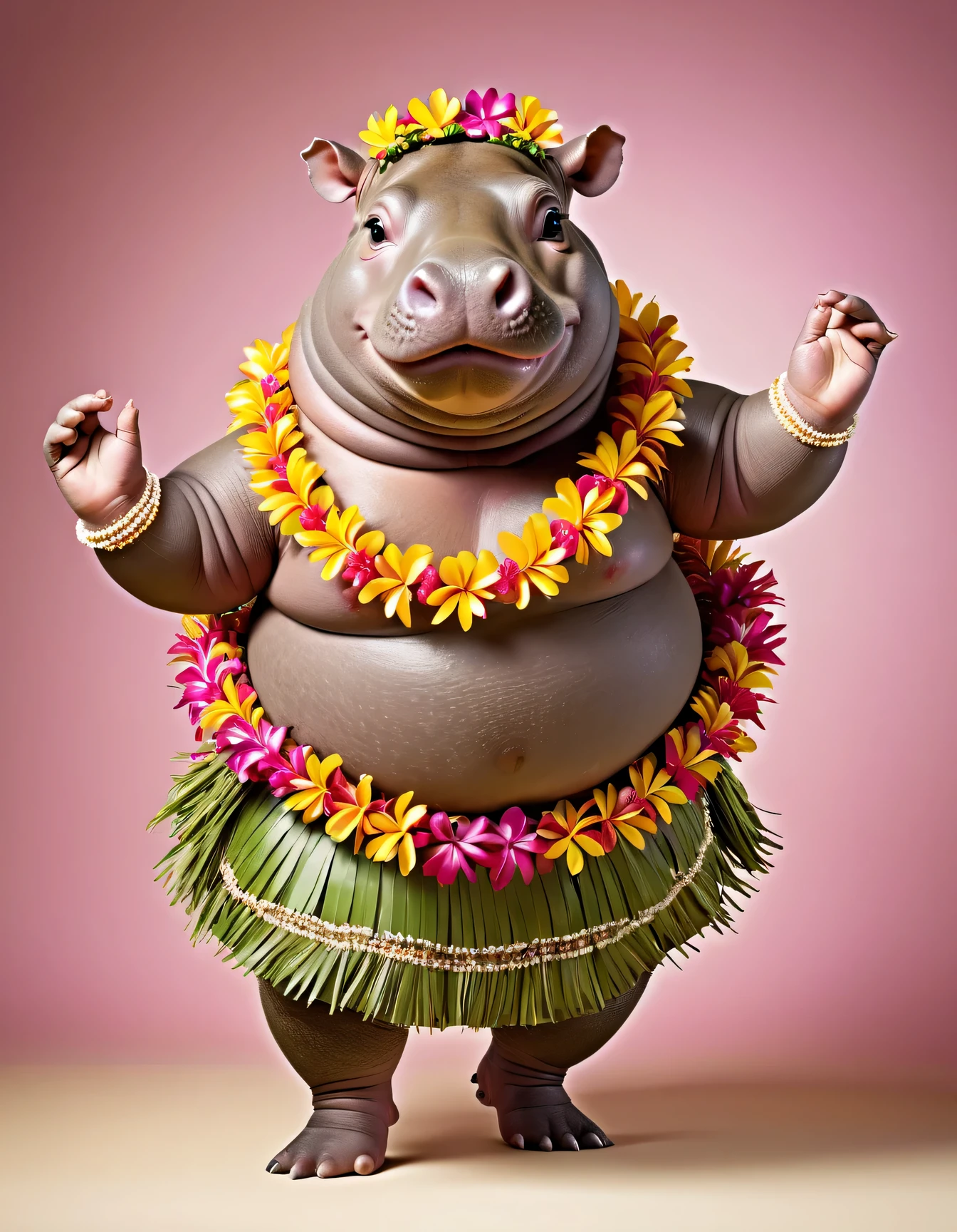 portrait of Dressed animals - a (fat) hippo hula dancer,(thrusting hands forward:2.0), ),high quality,(lovely) ,intricate details, highly detailed ((hula dance costume)) ,highly detailed decorations, wearing flower lei, (happy), studio lighting,(full body image:1.5),simple background,