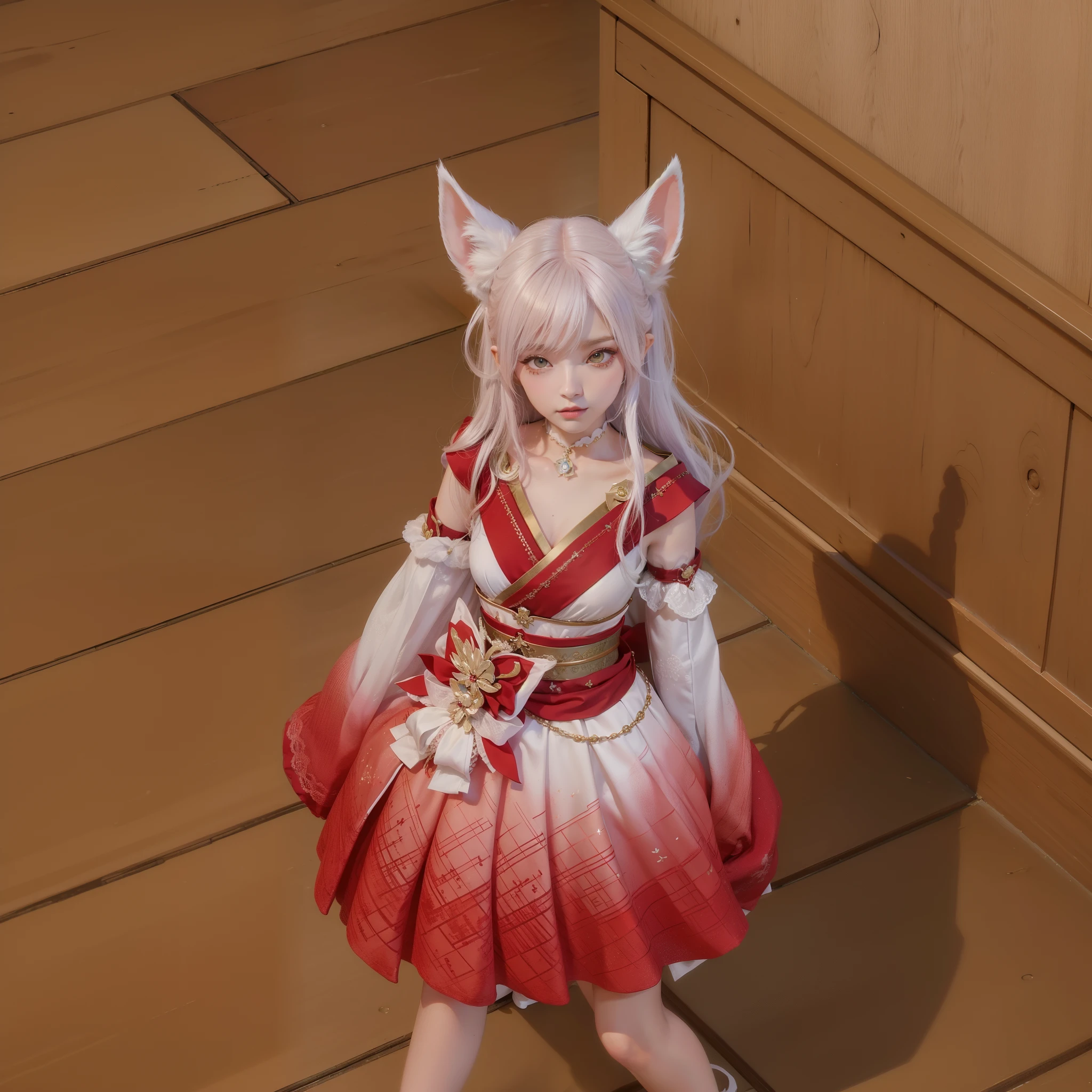 il y a une image 3D d'une femme vêtue d'un costume, renard et buisson, lalafell, fille chat blanc, Kitsune inspired armor, renard rose, jolie fille chat, Kitsune, chat blanc dans une robe rose, shikami, Ayaka genshin impact, style final fantasy 14, Ayaka jeu genshin impact
