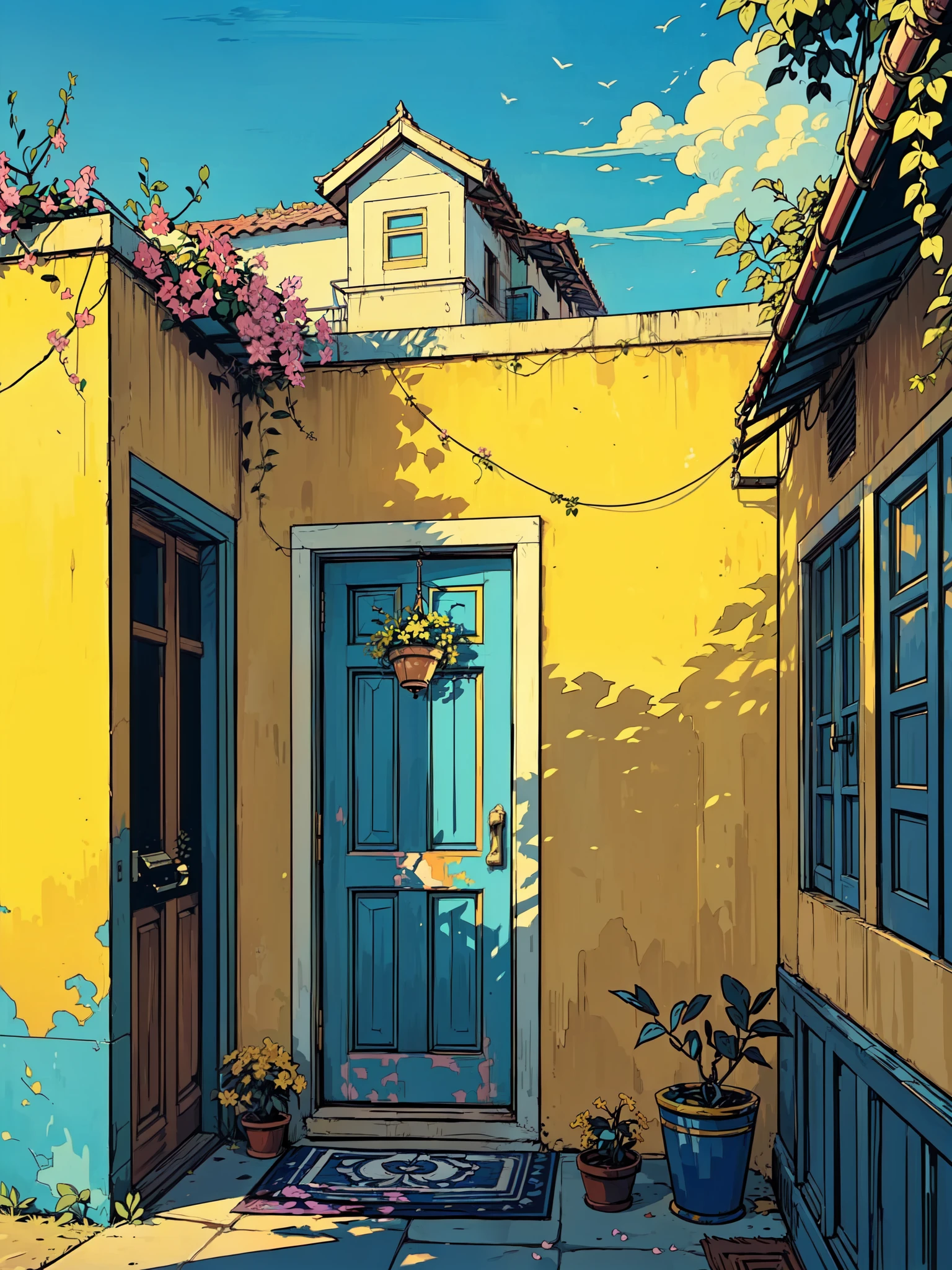 (masterpiece:1), (wide view:1.7), (a blue door stands out on faded yellow wall of an indian apartment with paint worn by time:1.6), (beautiful color palette:1.3), silence, (Above, an ancient light:1.4), (Bougainvillea flowers cascade over the entrance:1.5), magnificent sky, (Dim volumetric light:1.2), peaceful, (soft sunlight:1.3), (lush tropical plants near stairs:1.5), (calm ambience :1.2), (beautiful scene:1.3), (beautiful aesthetics:1.2), (wide open sky:1.4), beautiful tones, subtle colors, peaceful, (illustration: 1.0), epic composition, realistic lighting, HD details, masterpiece, best quality, ,