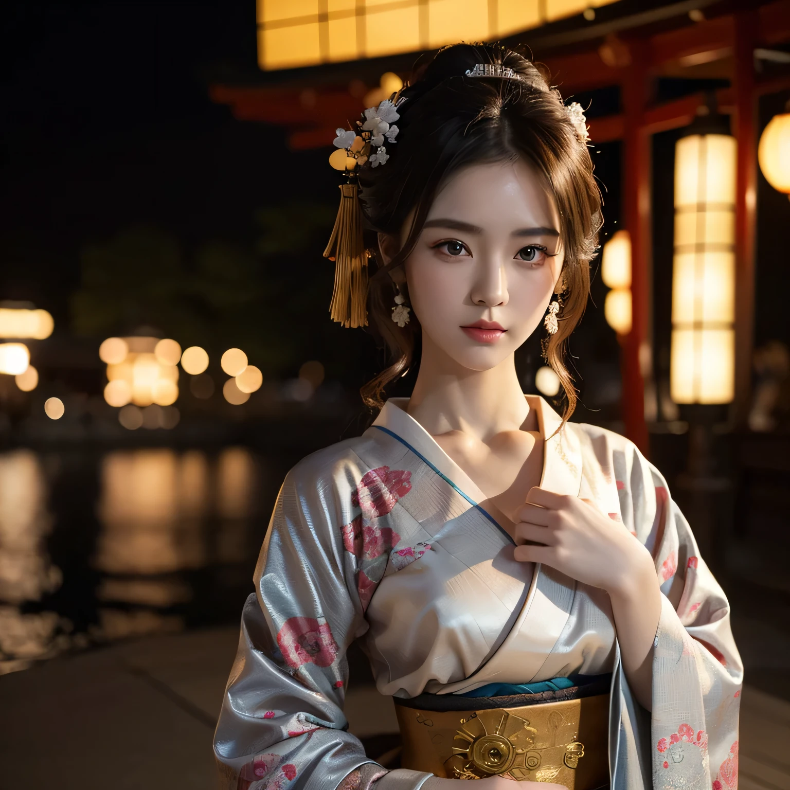 (best quality, 8k, Masterpiece: 1.3), clear focus: 1.2, beauty: 1.4, abdomen: 1.1, brown hair, Aqua set: 1.4, outdoor night: 1.1, city road, good face and eyes, Double eyelids. Add realistic lighting, Pay attention to the proportional adjustment...
A young woman faces a beautiful geisha wearing a beautiful steampunk kimono., realistic background.
Japanese castle digital art high resolution 8k