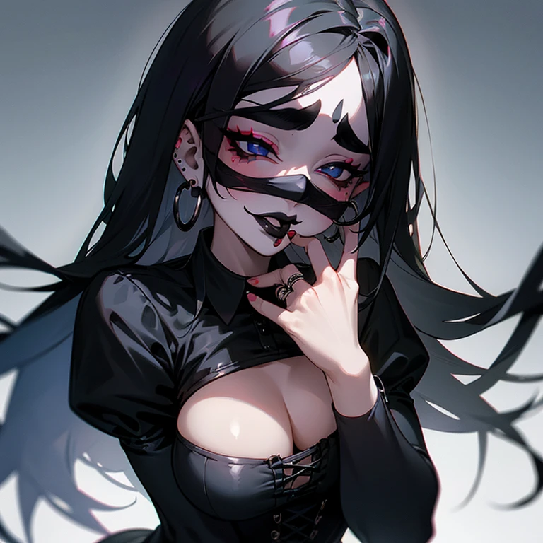 a woman black corset , with piercings,  1girl, solo, left half black hair, long hair, ring, right half silver hair, (((black lips))),  (((??????))),
Vertical roll hair, blindfold, 
