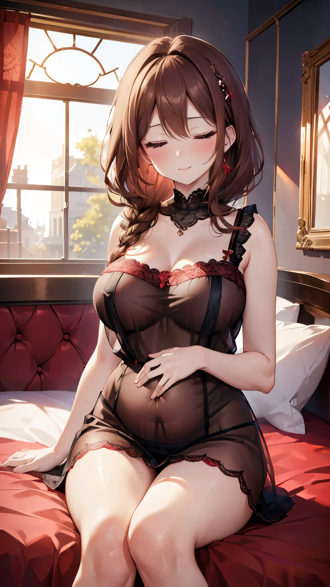 (8K、Highest image quality、highest quality、masterpiece)、detailed face、1 mature woman、((brown hair))、Single Braid、((closed eyes))、smile、blush、((very big breasts:1.2))、((red negligee))、see-through、((red lace panties))、pregnancy、sit on bed、cowboy shot、((dark room))、bedroom background、((nsfw))