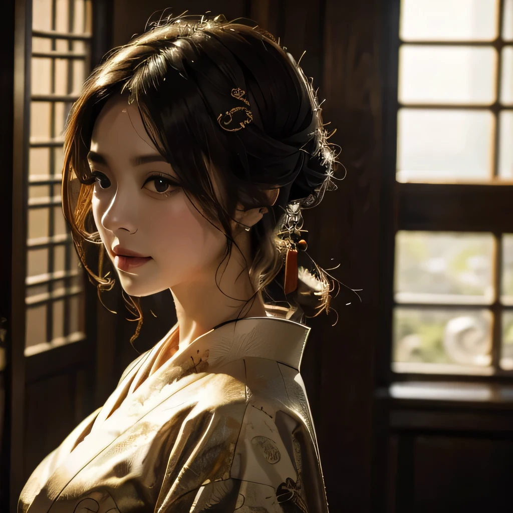 A young woman faces a beautiful geisha wearing a beautiful steampunk kimono., realistic background.
Japanese castle digital art high resolution 8k