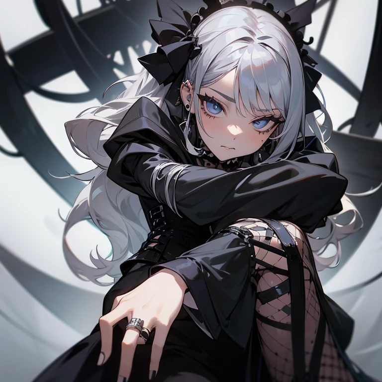 a woman in black corset and goth hair, with piercings, 1girl, solo, long hair, ring, silver hair