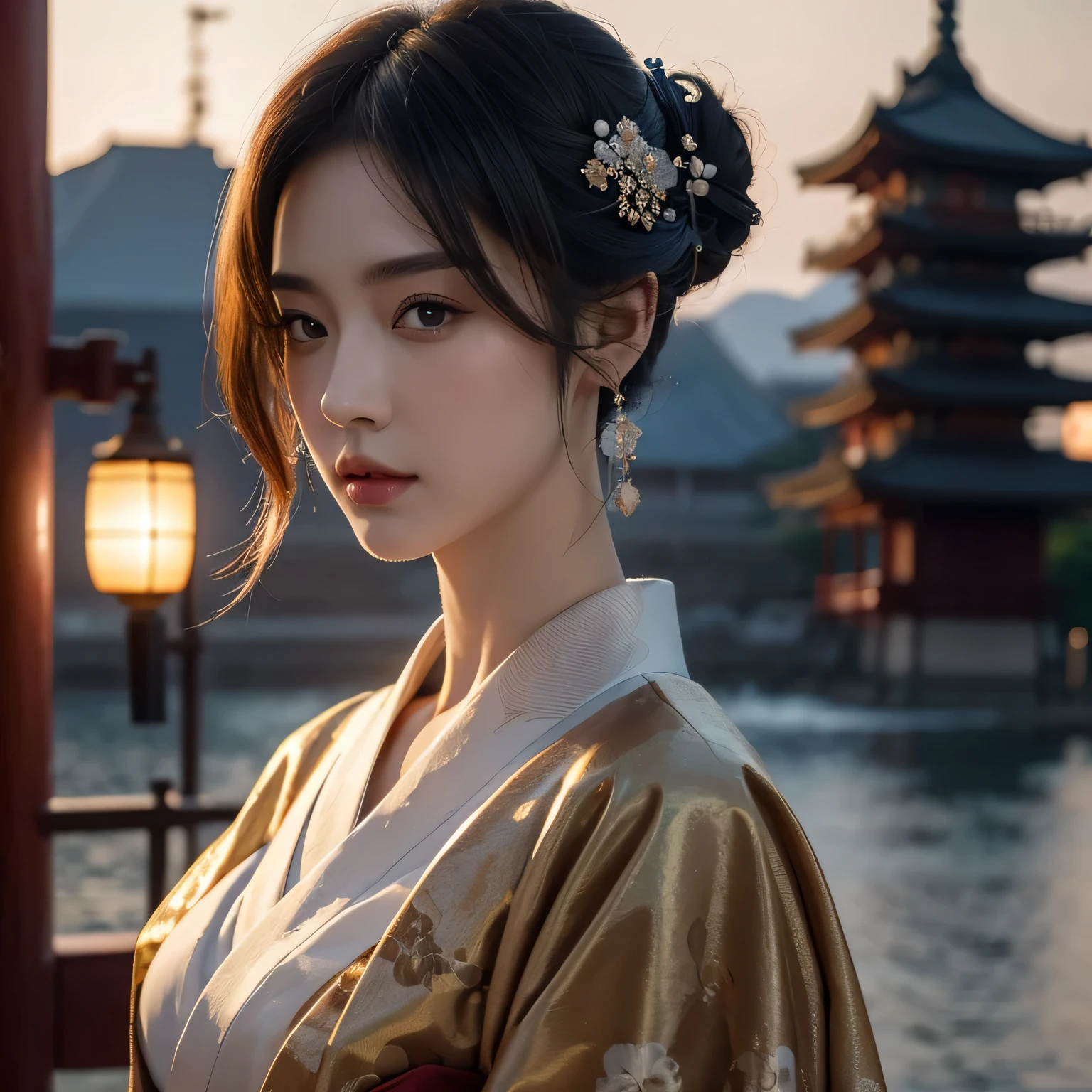(best quality, 8k, Masterpiece: 1.3), clear focus: 1.2, beauty: 1.4, abdomen: 1.1, brown hair, Aqua set: 1.4, outdoor night: 1.1, city road, good face and eyes, Double eyelids. Add realistic lighting, Pay attention to the proportional adjustment...
A young woman faces a beautiful geisha wearing a beautiful steampunk kimono., realistic background.
Japanese castle digital art high resolution 8k