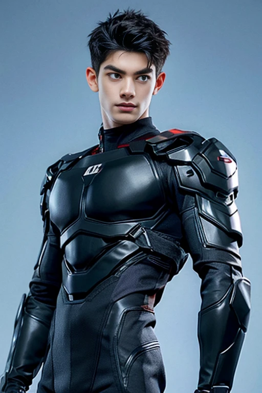 Sculpture design,Figures,GK model,The whole body of the character,Shirtless muscular man, wearing nothing on upper body, Expose muscles,base, Handsome cybernetic boy looking at camera lingerie detailed muscular reality masterpiece,musculous , 16k resolution , ultra-high clarity , hyperrealism, uhd , full length shot , bare thighs , details face
