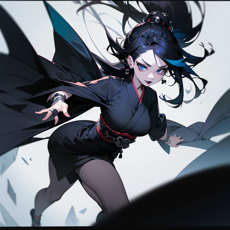 masterpiece, best quality, a woman black kimono, with piercings,  1girl, solo, left half black hair, long hair, ring, right half silver hair, (((black lips))),  
Vertical roll hair, blue eyes, two-tone hair, pov